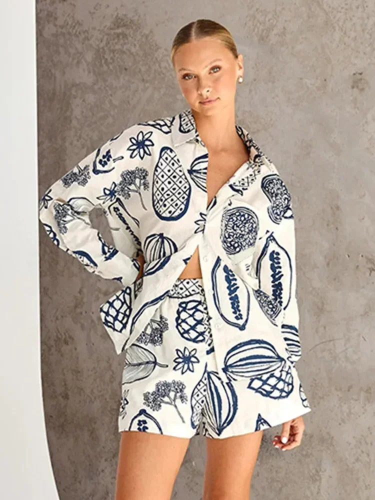 Women's Foridol Fruit Print Pocket Casual Shirt & Shorts Matching Set - Oversized Summer Beach Outfit in White | Perfect for Spring Vacations, Pool Parties & Tropical Getaways