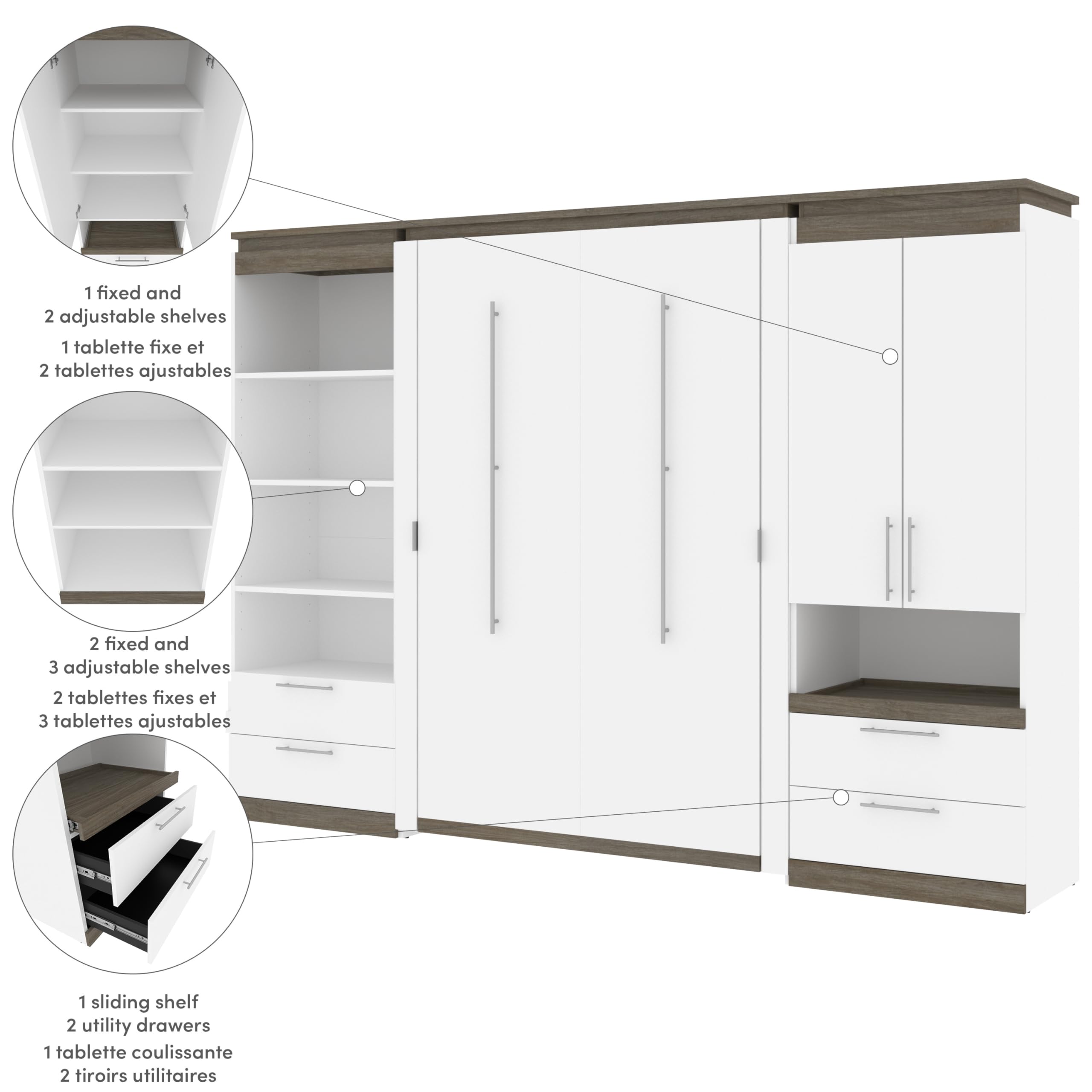 Bestar Orion Full Murphy Bed with Built-in Storage Drawers - Space Saving Wall Bed in White & Walnut Grey for Small Apartments, Guest Rooms & Home Offices