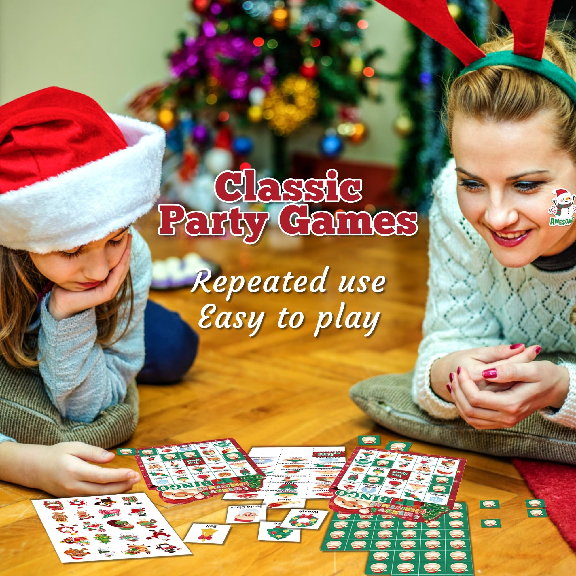 YOYOJOY 39-Piece Christmas Bingo Game Set for Kids & Adults - 24 Player Holiday Bingo Cards with Reward Stickers - Perfect for Family Gatherings, Classroom Activities & Xmas Party Games