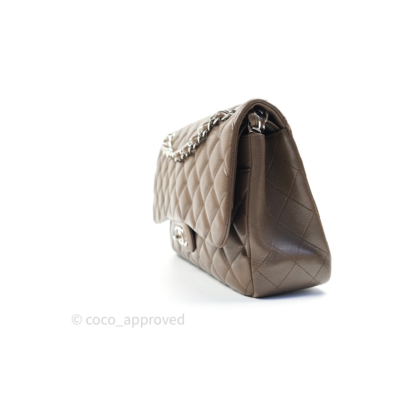 Chanel Classic Double Flap Quilted Jumbo Bag in Khaki Caviar Leather with Silver Hardware - Luxury Designer Handbag for Women, Perfect for Work, Evening Events & Everyday Use