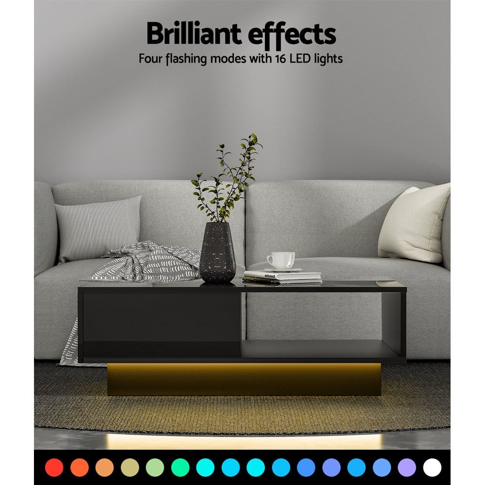 Artiss Modern Coffee Table with LED Lights - Black Glass Top End Table for Living Room, Bedroom, or Office Decor