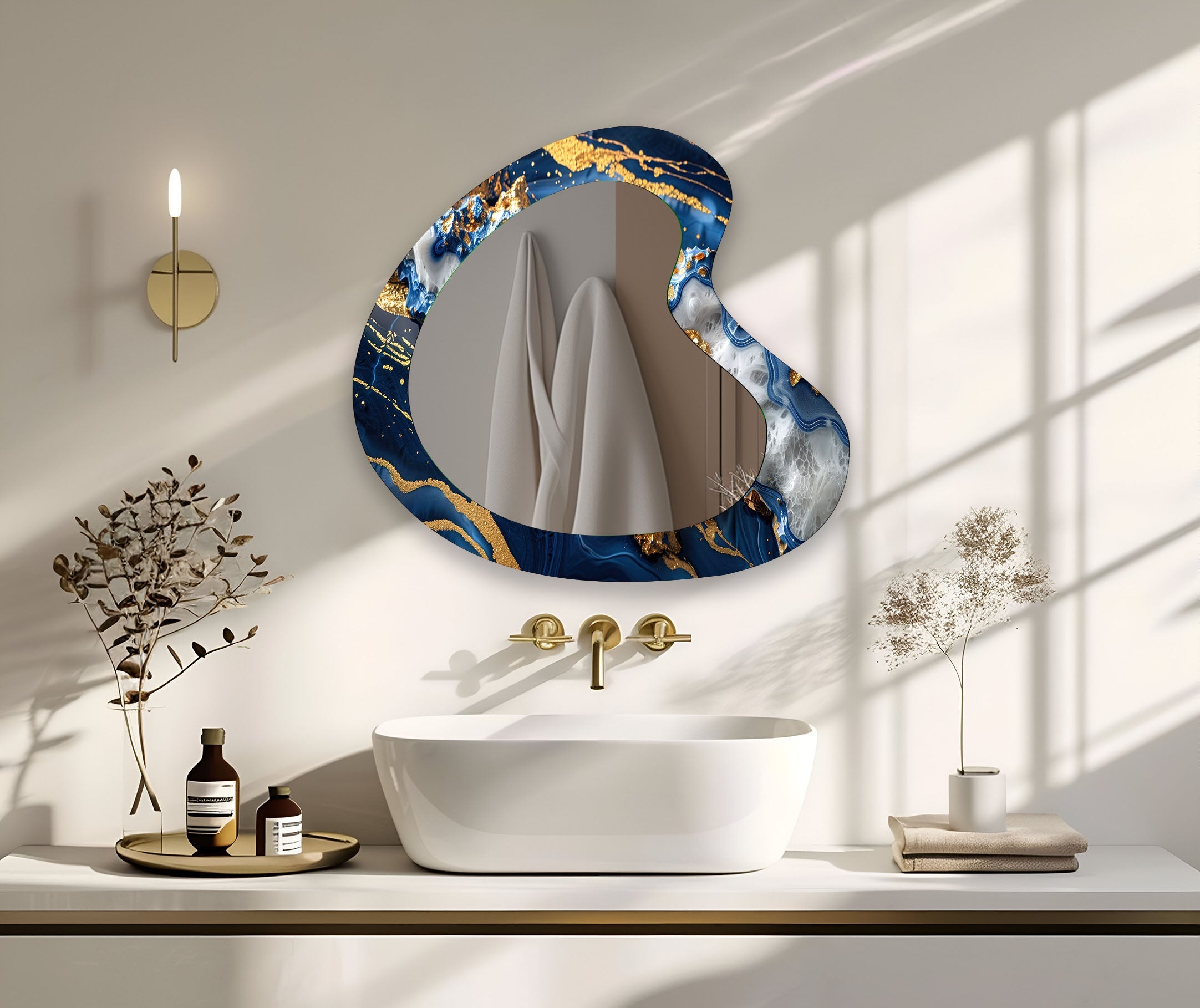 Blue & Gold Marble Irregular Wall Mirror - Modern Decorative Mirror for Living Room, Bedroom, Entryway | Unique Home Decor Accent Piece
