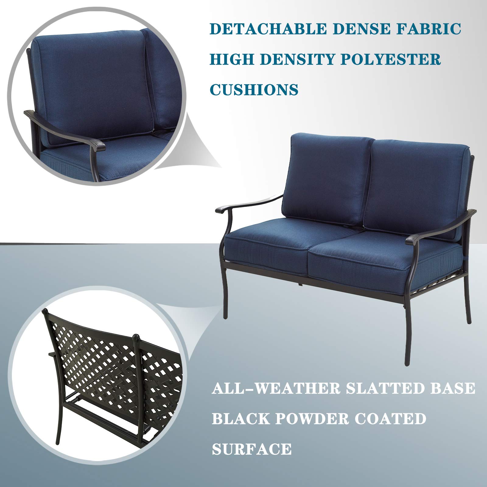 4-Piece Outdoor Patio Conversation Set with Coffee Table - 4 Seats Loveseat & Armchairs, Thick Soft Cushions, Durable Metal Frame & Weather-Resistant Fabric - Perfect for Garden, Backyard, Poolside or Bistro (Blue)