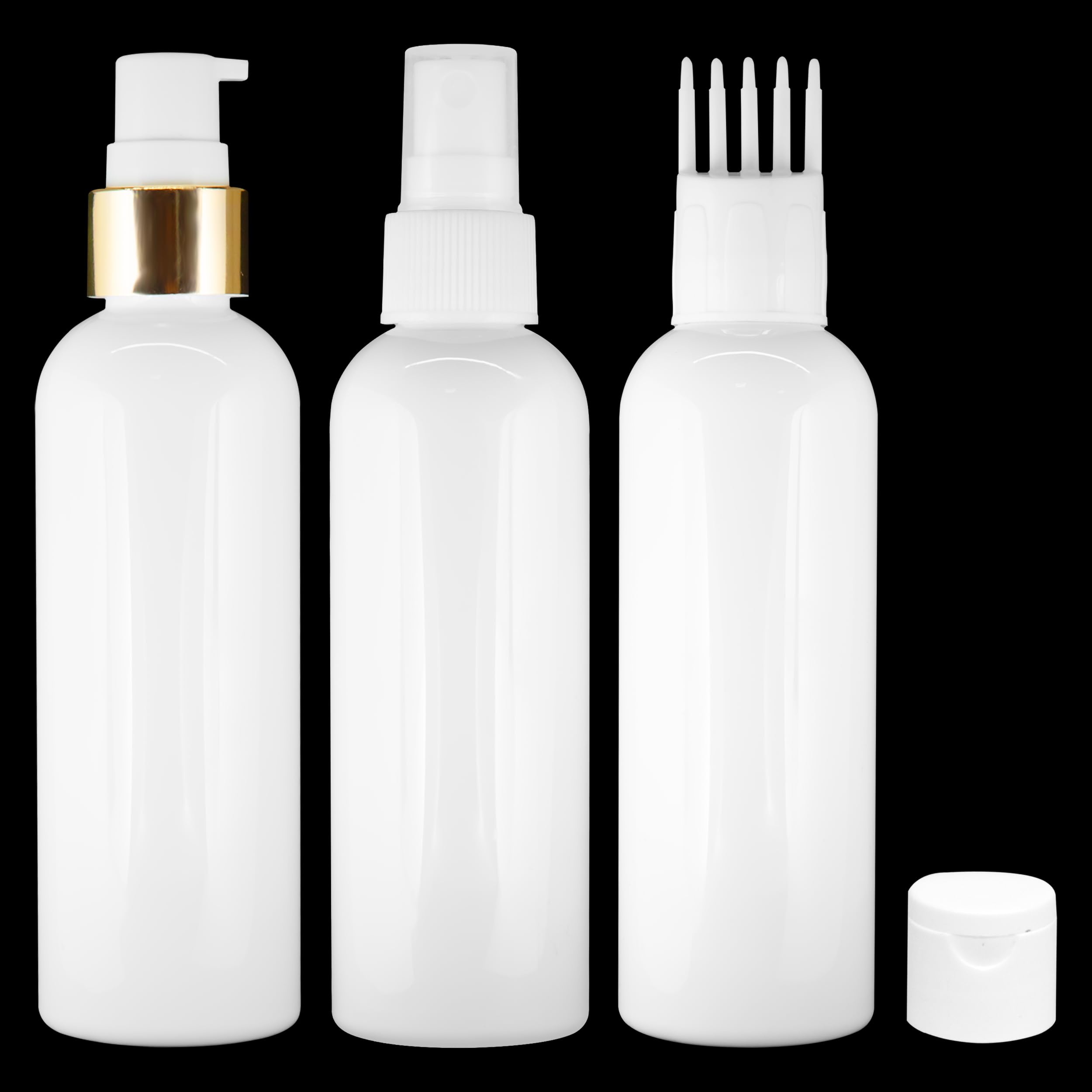 Refillable 3-Piece Cylindrical Bottle Set with Pump Dispenser, Spray Atomizer & Root Comb - Durable White Containers for Perfume, Liquids, Shampoo & Body Soap - Perfect for Travel, Salon & Home Organization