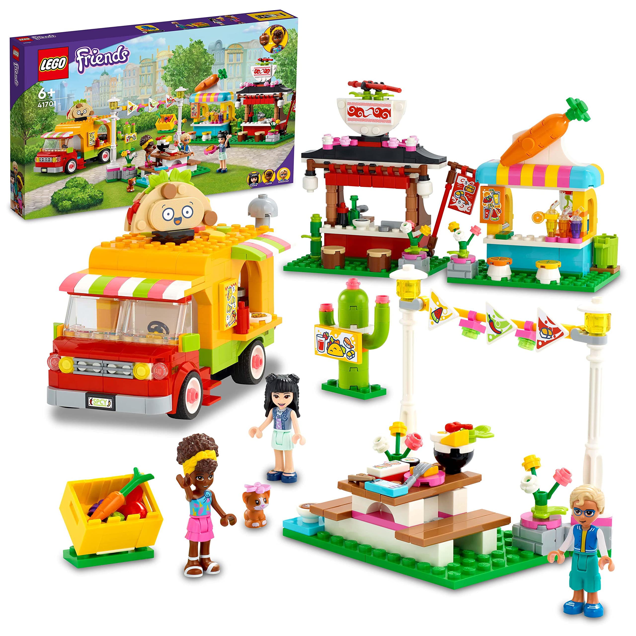 LEGO 41701 Friends Street Food Market Building Toy Set with Taco Truck, Juice Bar, Mini Dolls - Creative Gift for Girls & Boys Ages 6+ - Perfect for Pretend Play, Birthday Gifts & Collectors