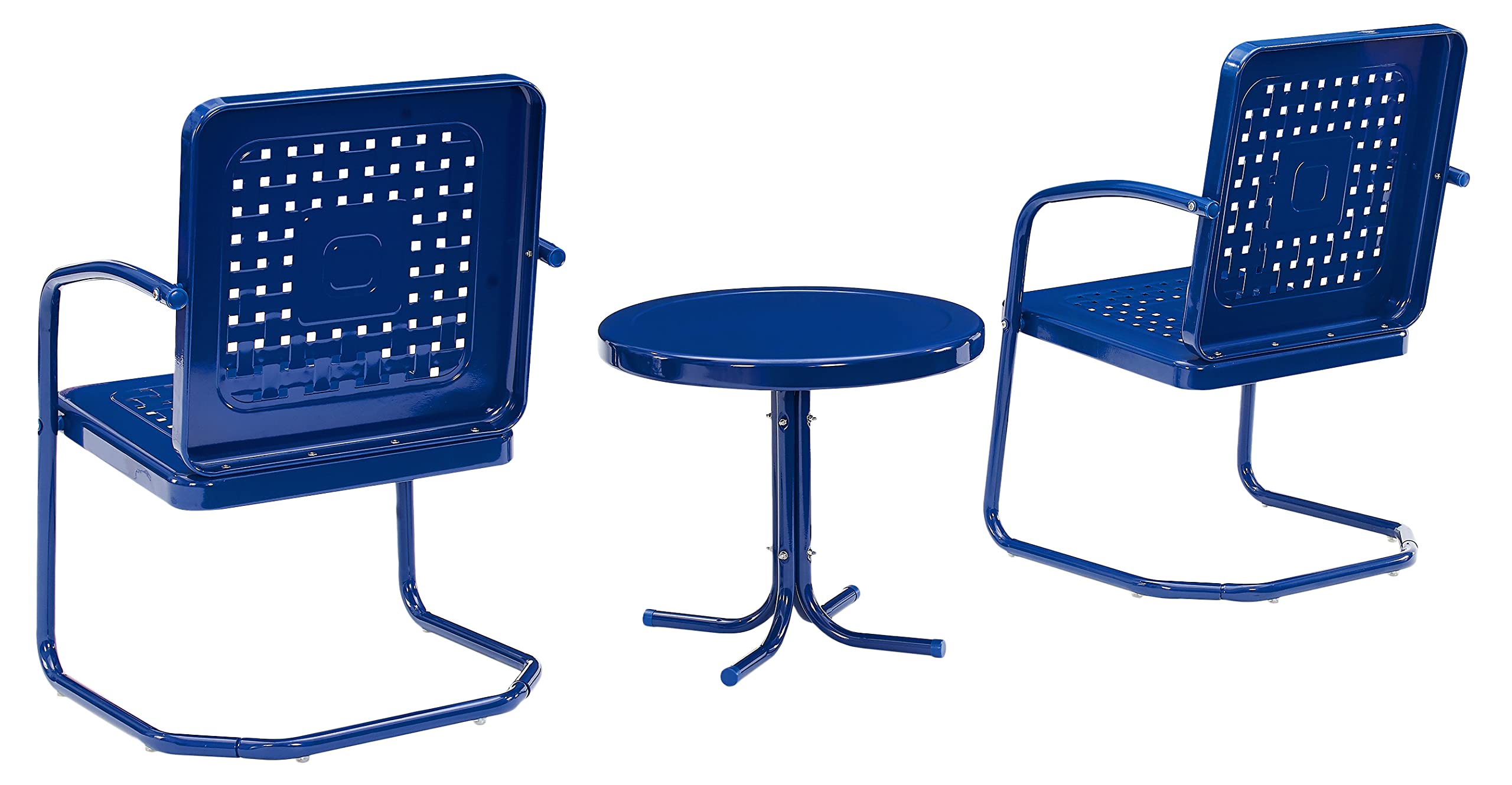 Crosley Furniture Bates 3-Piece Outdoor Bistro Set - Retro Metal Patio Chairs with Side Table in Navy Gloss Finish - Perfect for Garden, Balcony, and Backyard Relaxation