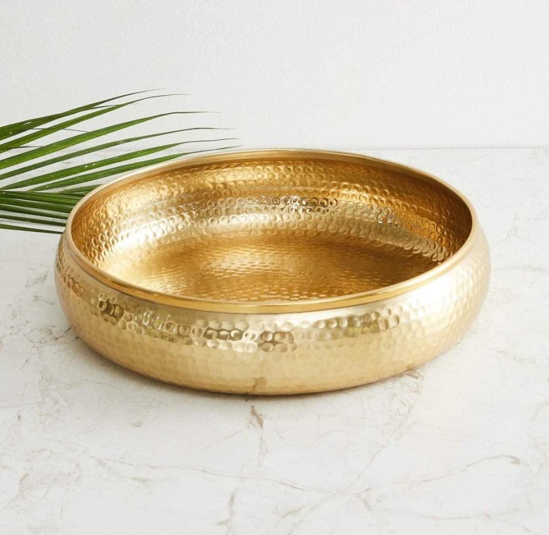 Antique Round Hammered Traditional Potpourri Bowl - Handcrafted Decorative Urli Bowl for Home Decor, Floating Flowers & Tea Light Candles | Diwali & Festival Decoration | Metallic Gold Finish | 12 Inch | Perfect for Centerpieces, Wedding Decor & Aromatherapy