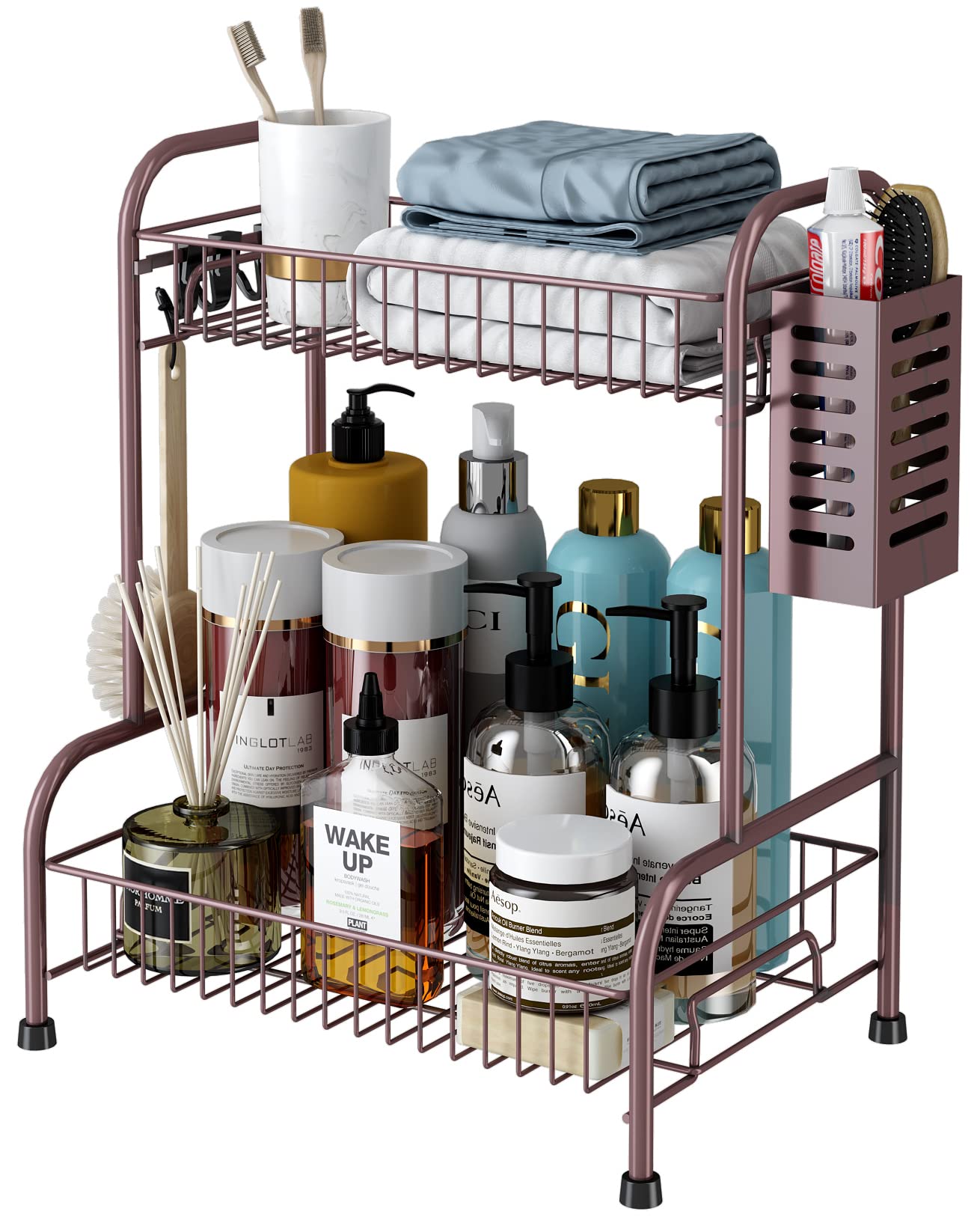 2-Tier Bathroom Counter Organizer with Toiletries Basket & Toothpaste Holder - Vanity Makeup and Cosmetic Storage Rack for Bathroom Countertops - Perfect for Organizing Skincare, Makeup, and Daily Essentials