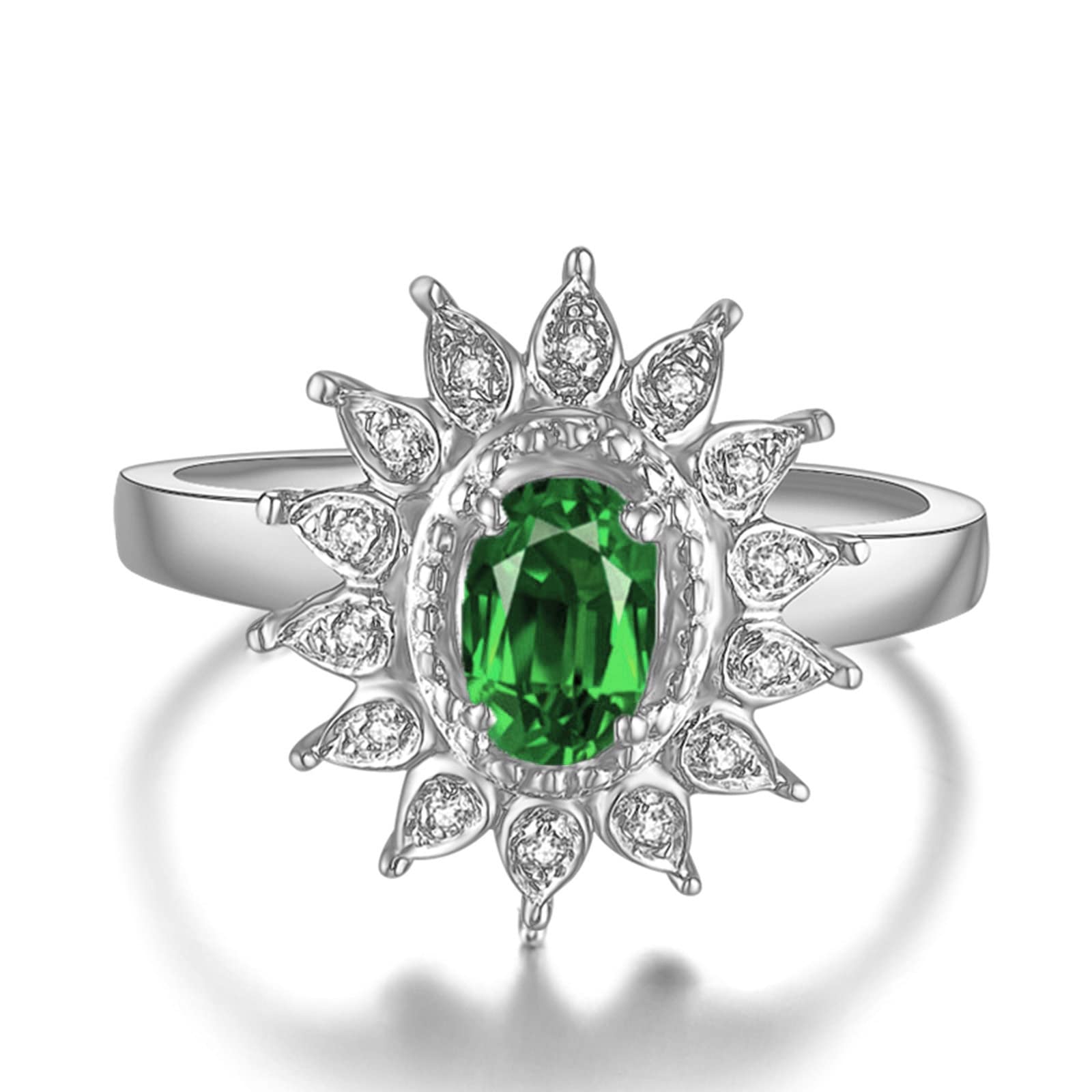 Gualiy Sterling Silver Ring Bands - Flower Design with Green & White Cubic Zirconia Wedding & Engagement Rings (Size 4-11) | Elegant Jewelry for Brides, Anniversaries & Special Occasions