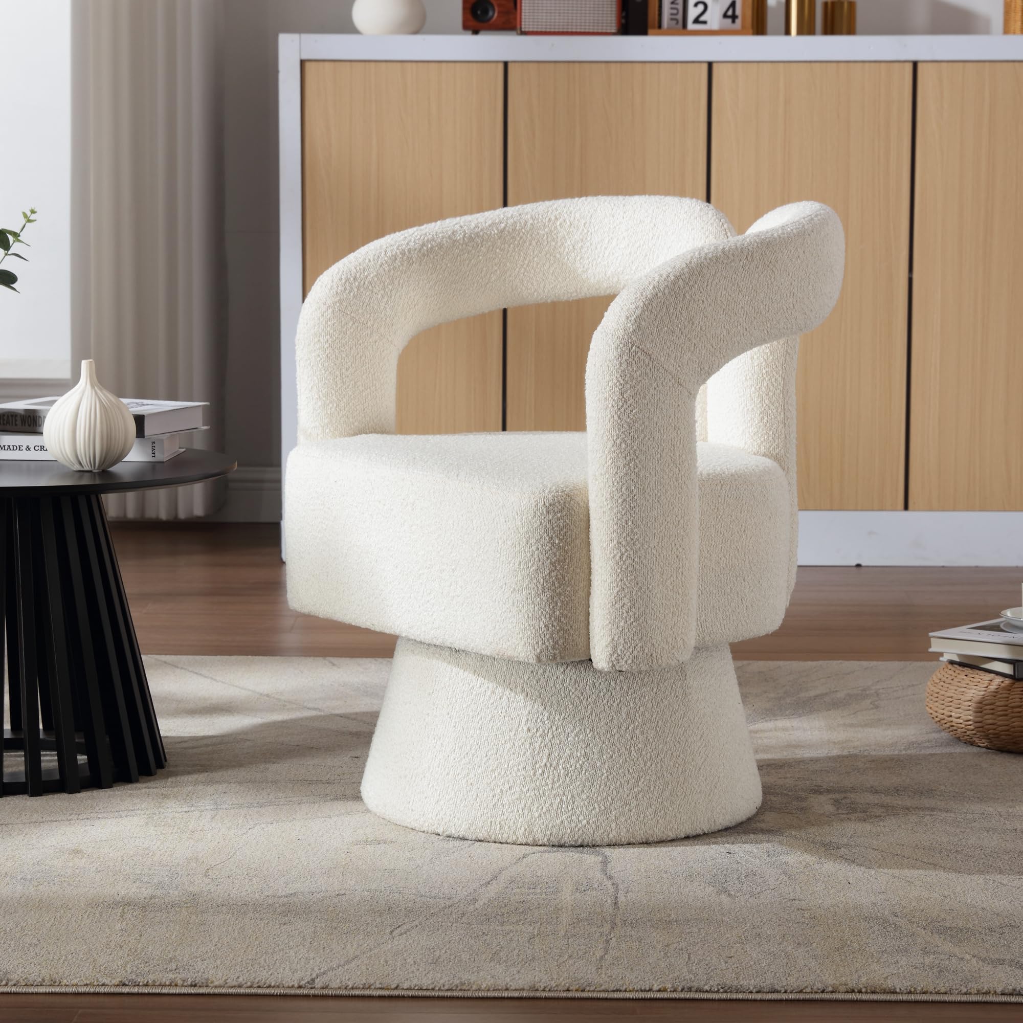 360 Degree Swivel Accent Chair - Comfy Upholstered Barrel Armchair with Round Arms for Living Room, Bedroom & Office - Beige Leisure Reading Chair for Relaxing, Working & Lounging