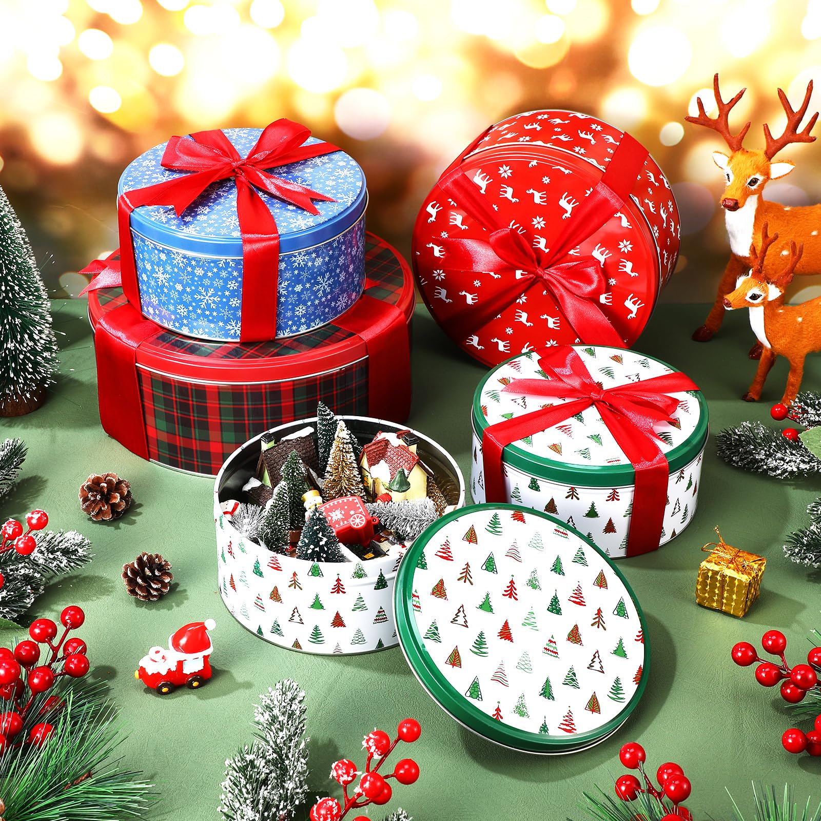 24 Pack Christmas Cookie Tins with Lids - Round Baking & Cake Containers for Holiday Treats | Festive Snowflake, Tree, Plaid & Reindeer Designs | Perfect for Gift Giving, Cookie Exchange & Christmas Party Favors
