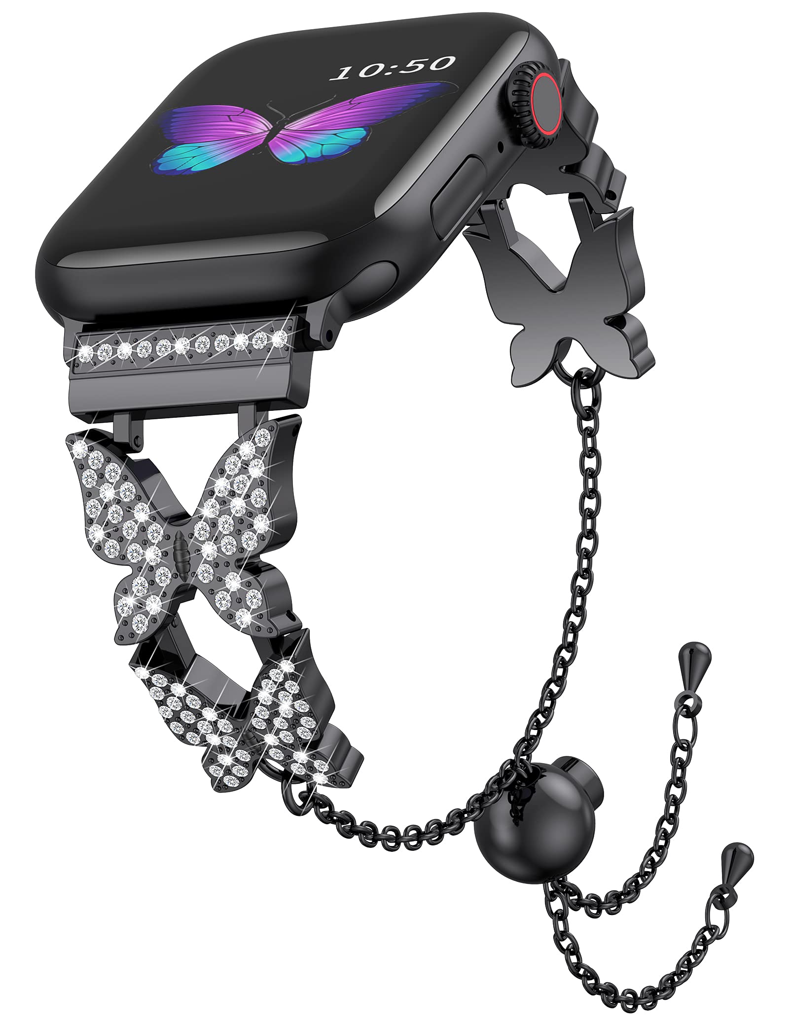 Wearlizer Bling Bands for Apple Watch 38mm 40mm 41mm - Stylish Butterfly Metal Jewelry Bracelet Compatible with iWatch Series SE 8 7 6 5 4 3 2 1 - Adjustable Fashion Accessory for Women & Girls (Black) - Perfect for Workouts, Parties & Everyday Wear