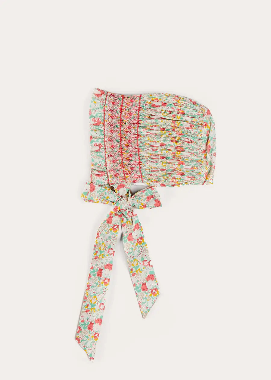 Clementine Floral Hand Smocked Baby Bonnet in Coral - Size S/M | Soft Cotton Newborn & Infant Headwear for Photoshoots, Christenings & Special Occasions