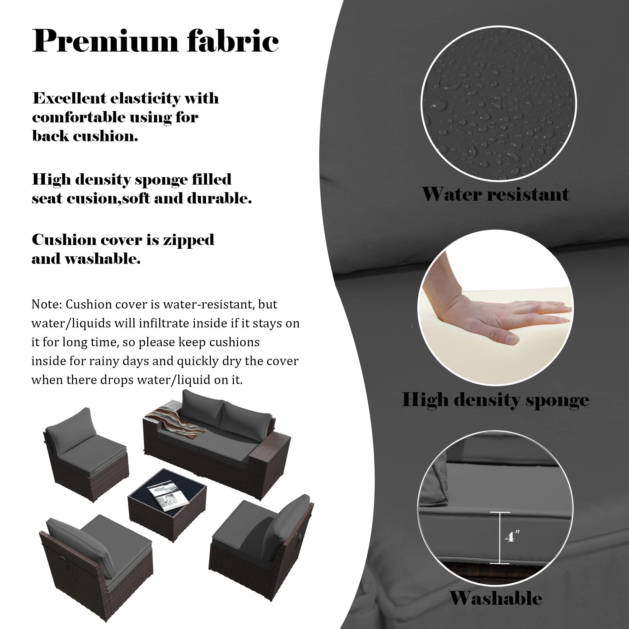 Gotland 6-Piece Patio Furniture Set - All-Weather PE Rattan Outdoor Sectional Sofa with Replaceable Grey Waterproof Cushions & Coffee Table - Perfect for Backyard, Garden, Poolside & Outdoor Relaxation