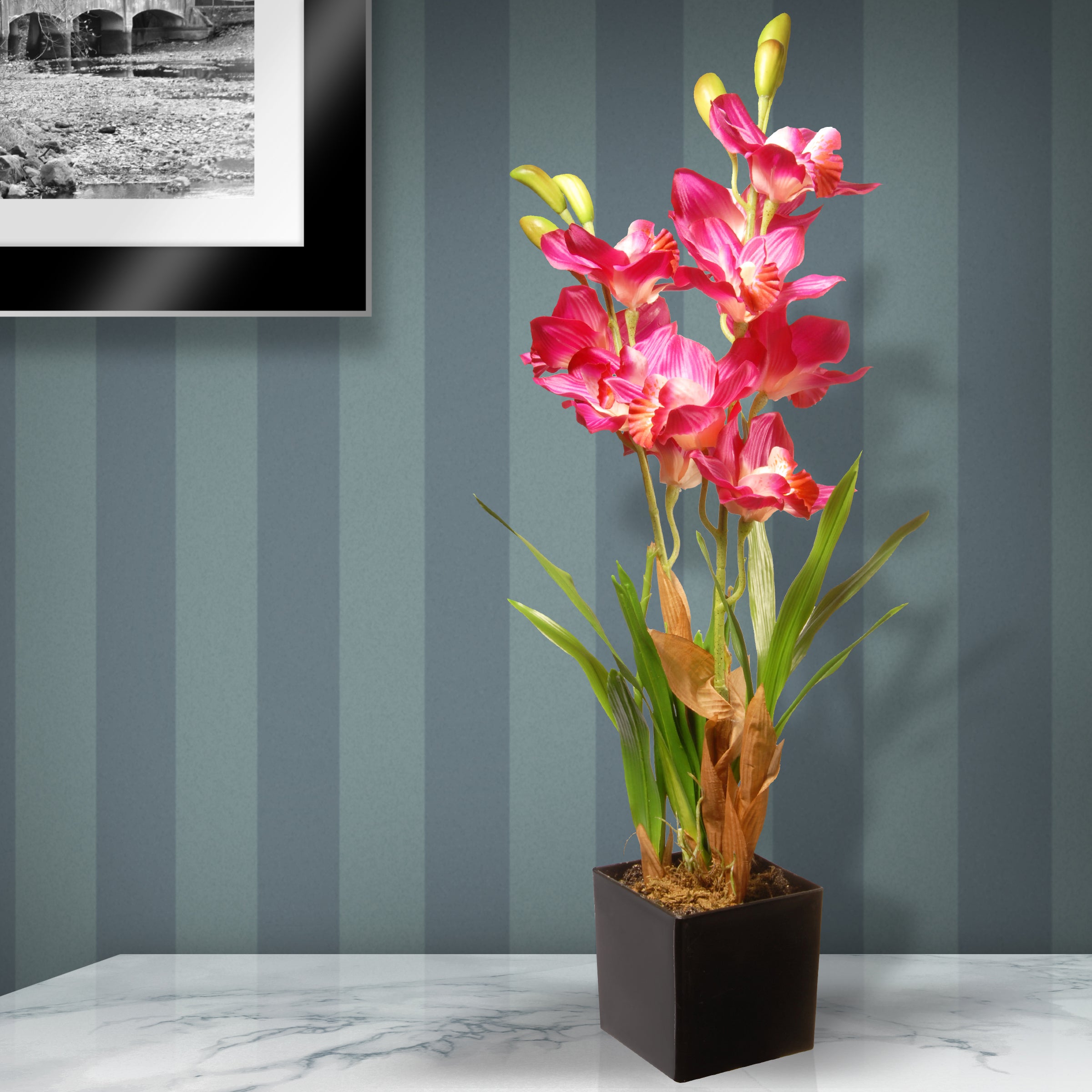 25 in. Spring Pink Orchid Artificial Flowers in Black Pot - Perfect for Home Decor, Office, Wedding & Party Centerpieces