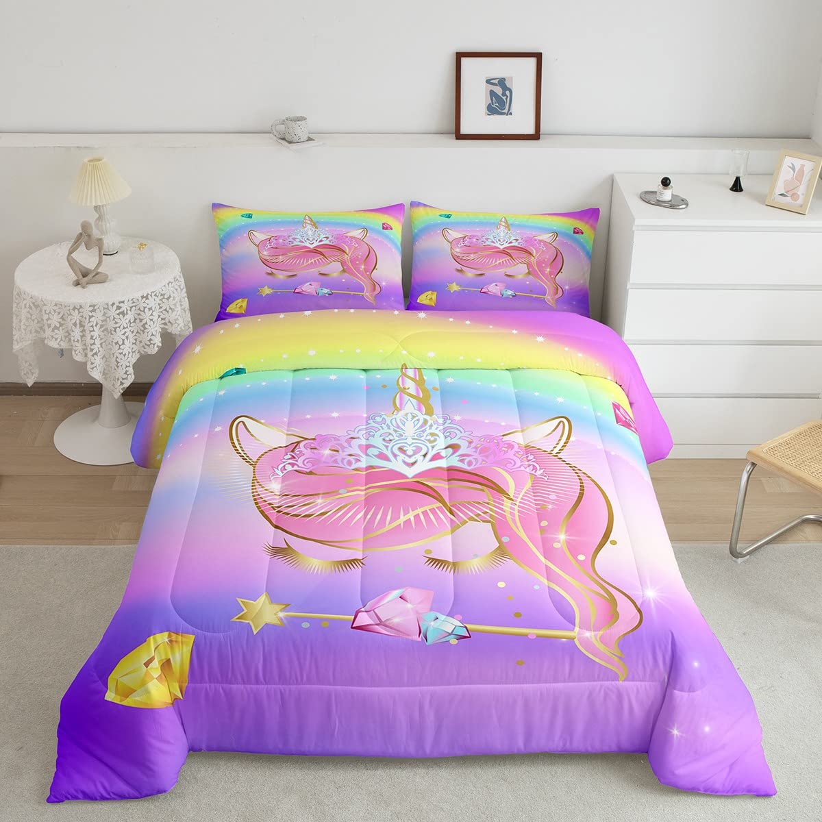 Unicorn Comforter Set Queen - Soft Microfiber Bedding for Kids, Girls & Boys - Kawaii Rainbow Design for Bedroom Decor