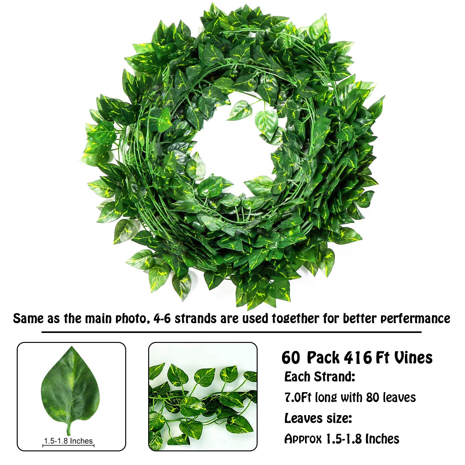 60 Strands 416Ft Artificial Ivy Garland - Fake Hanging Vines with Greenery Leaves for Home Decor, Wedding, Party, Garden & Wall Decoration (Scindapsus Vines) - Perfect for Indoor/Outdoor Spaces, Backdrops & Event Centerpieces