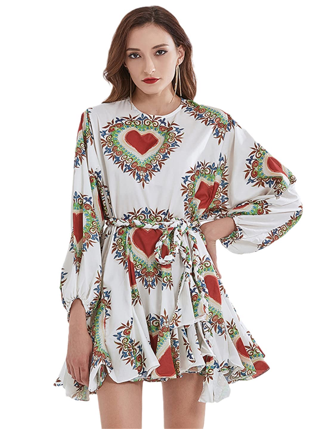 Women's Floral Print Dress - O Neck Balloon Sleeve High Waist Tie Bow Contrast Midi Dress for Casual Wear & Summer Parties
