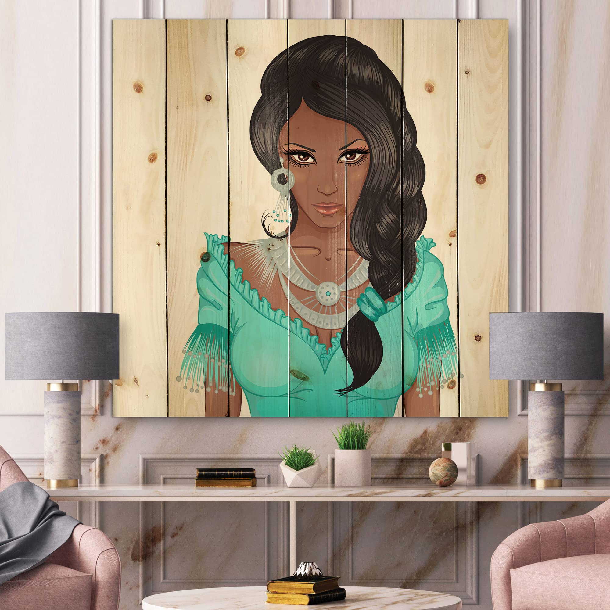 African American Woman Portrait XVI - Modern Wood Wall Art Decor, Blue Contemporary Wood Panel Print on Natural Pine, Large People Wall Art for Living Room, Bedroom & Office Decor