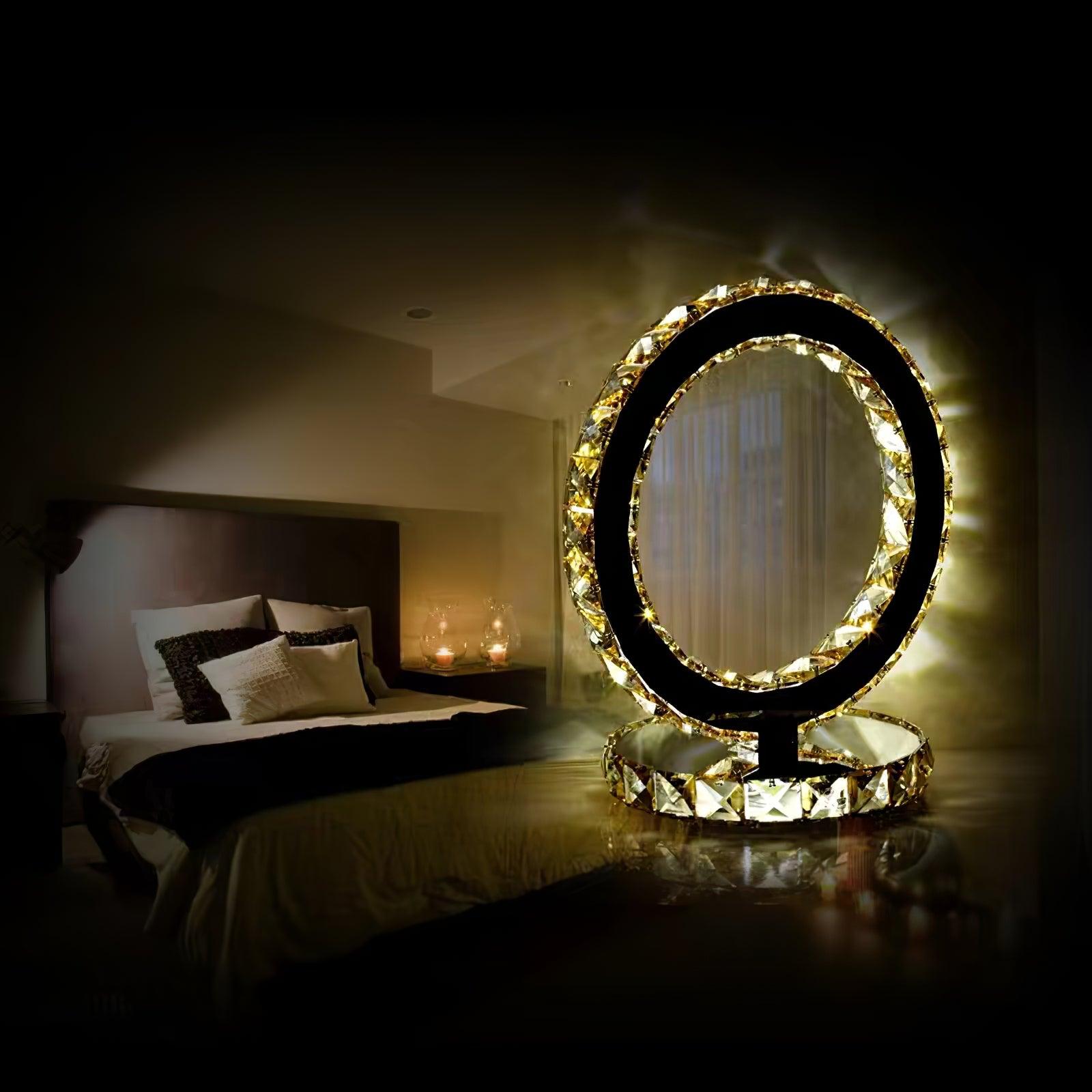 Elegant Crystal Rings Table Lamp - Modern LED Bedside Night Light for Bedroom, Living Room, and Office Decor