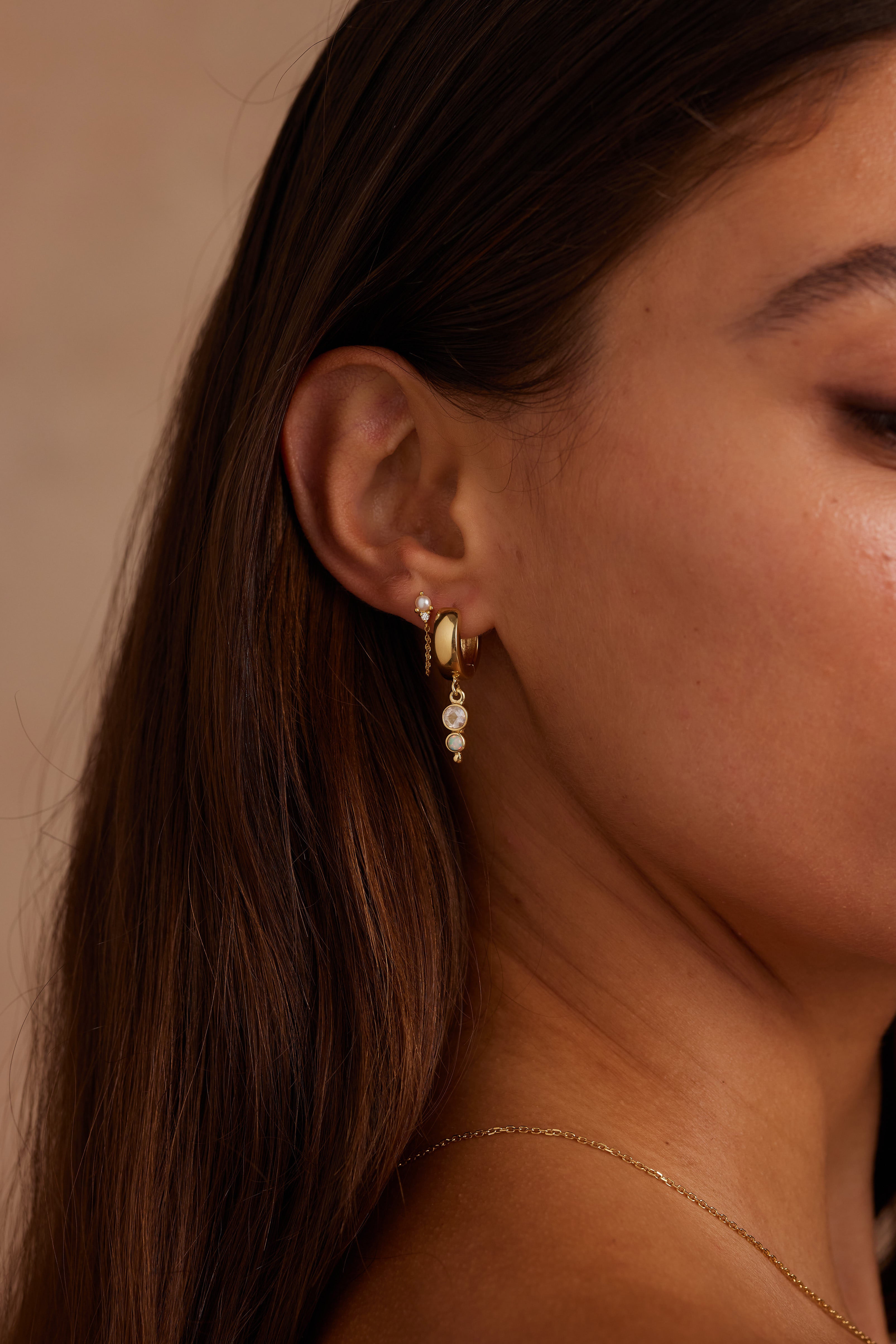 14K Gold Huggie Hoop Earrings with Genuine Opal & Moonstone - Perfect for Everyday Wear & Special Occasions