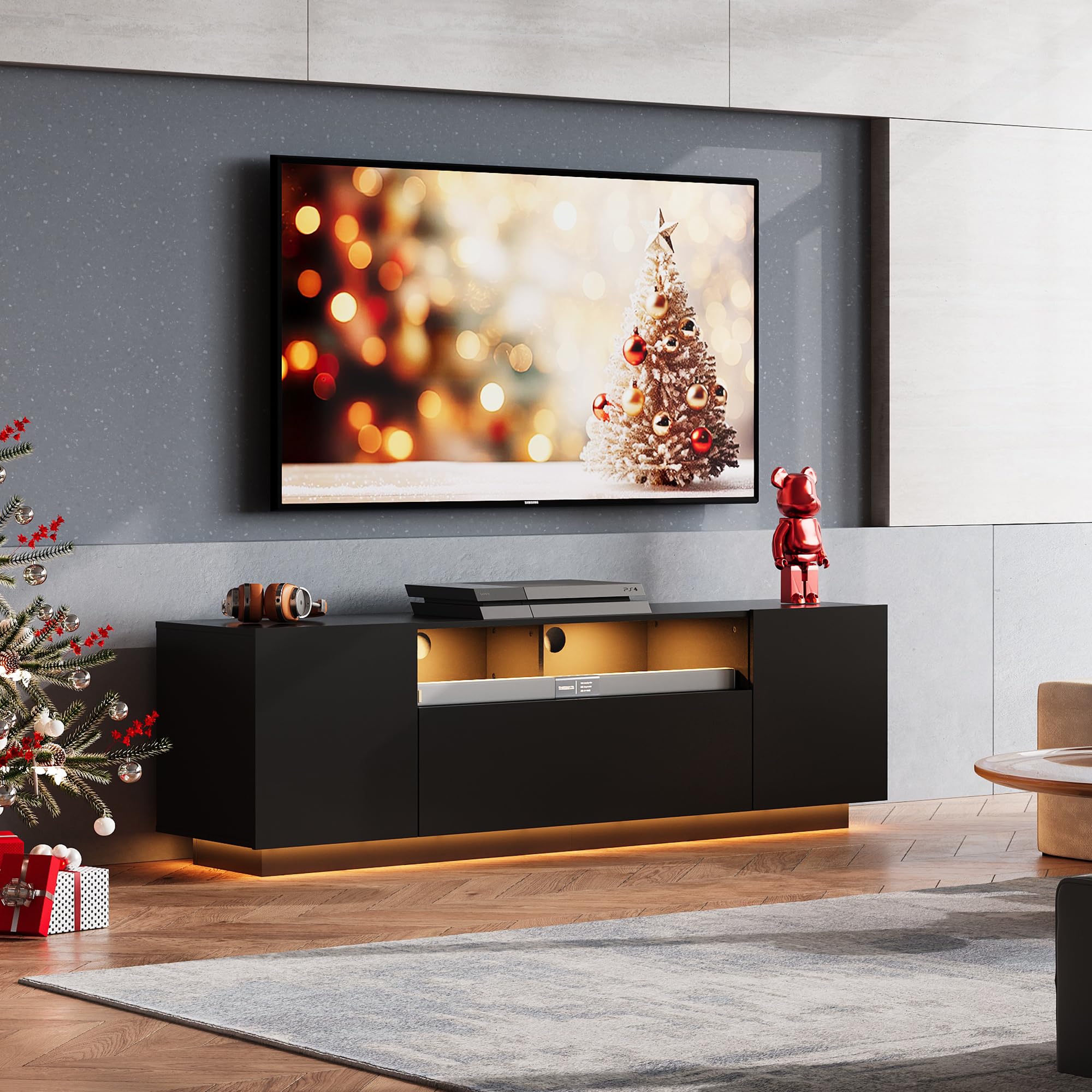 Modern TV Stand for 65 Inch TV with LED Lights & Storage Cabinet - 58