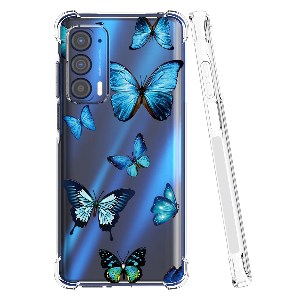 Shockproof Clear TPU Phone Case for Moto Edge 2021/5G UW/G Power 2022 - Cute Blue Butterfly Pattern Slim Protective Cover | Durable Soft Rubber Back for Motorola Edge 2021 - Perfect for Daily Use, Work & Travel Protection