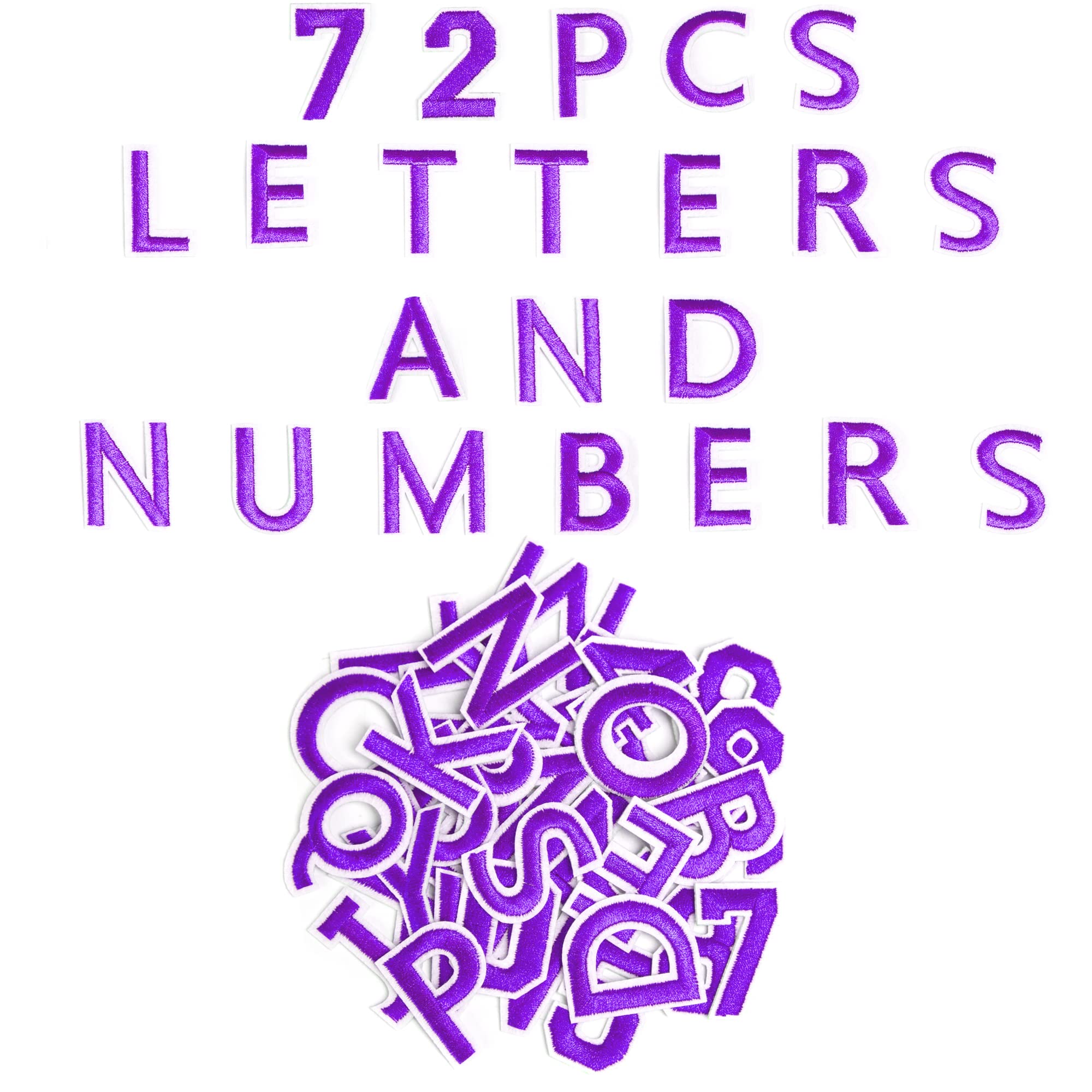 72 PCS Iron-On Embroidered Letter & Number Patches A-Z 0-9 for DIY Clothes, Hats, Jeans - Purple Fabric Applique for Customizing Jackets, Bags & School Uniforms
