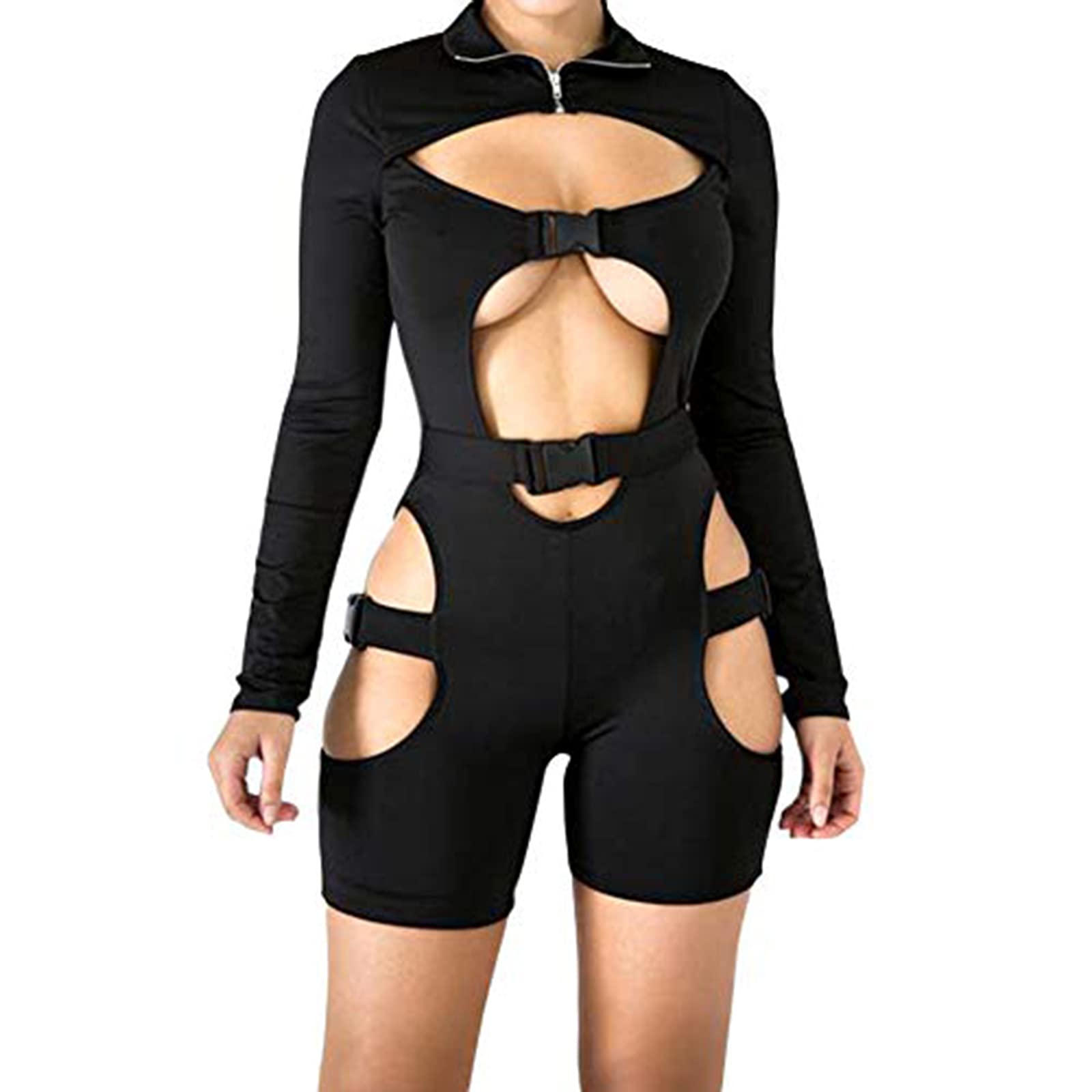 Sexy Hollow Out Jumpsuit for Women - Long Sleeve Buckle Zip Cut Out Biker Short Romper Bodysuit | Y2K Clubwear & Streetwear Fashion | Perfect for Nightclubs, Parties, and Casual Outings