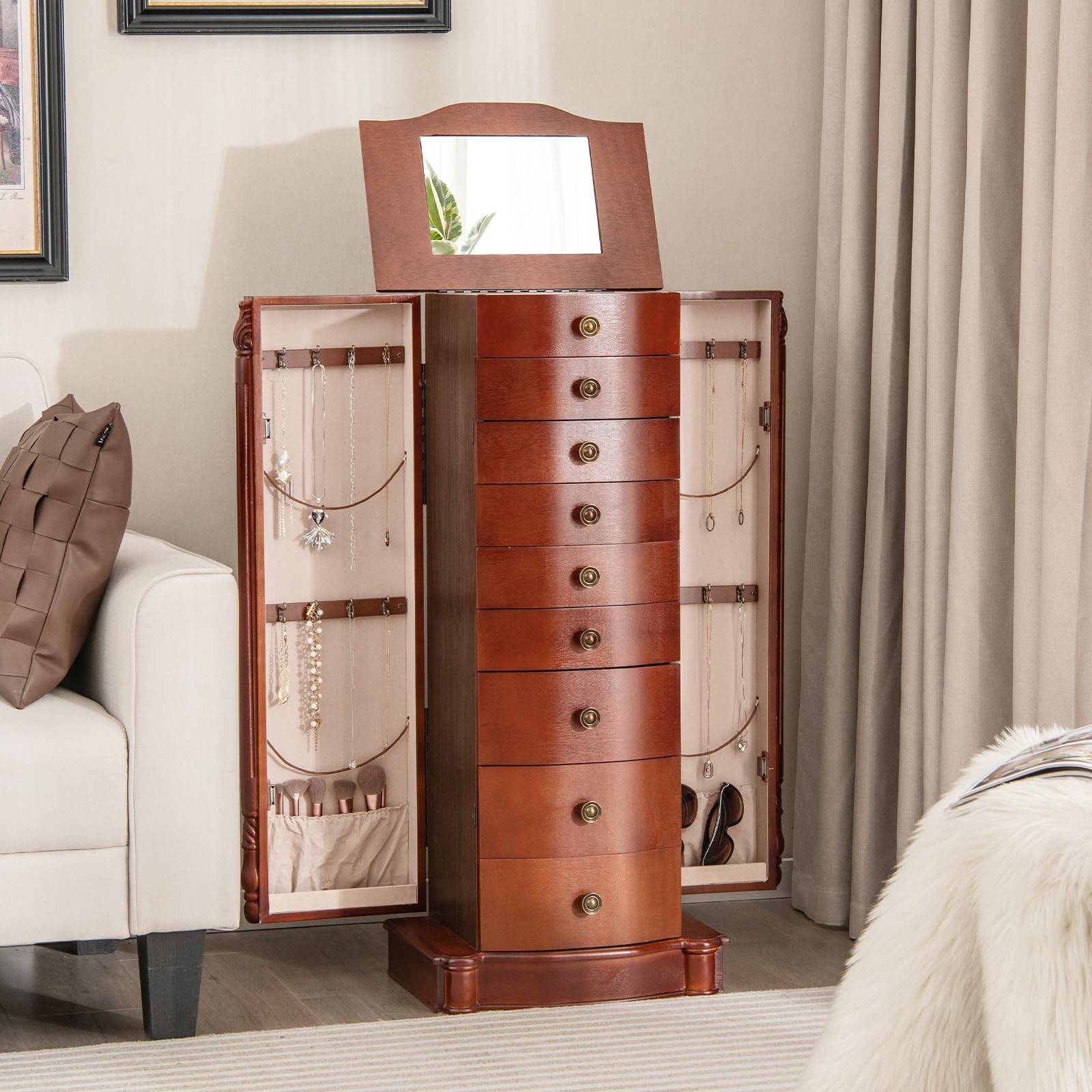 Giantex Large Jewelry Armoire Cabinet with 8 Drawers, 2 Doors & 16 Hooks - Dark Walnut Standing Mirror Storage Chest for Necklaces, Rings & Accessories | Perfect for Bedroom, Closet & Dressing Room Organization