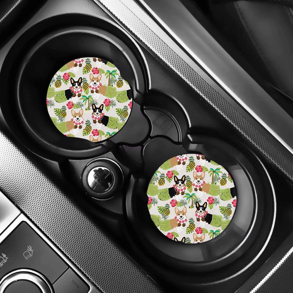 2 Pack 2.75 Inch Absorbent Car Coasters for Drinks - Hawaiian Corgi Dogs Hula Dance Design, Non-Slip Cup Holder Coasters for Car Accessories, Keep Your Vehicle Clean (Perfect for Coffee, Soda & Water Bottles in Cars, Trucks & SUVs)