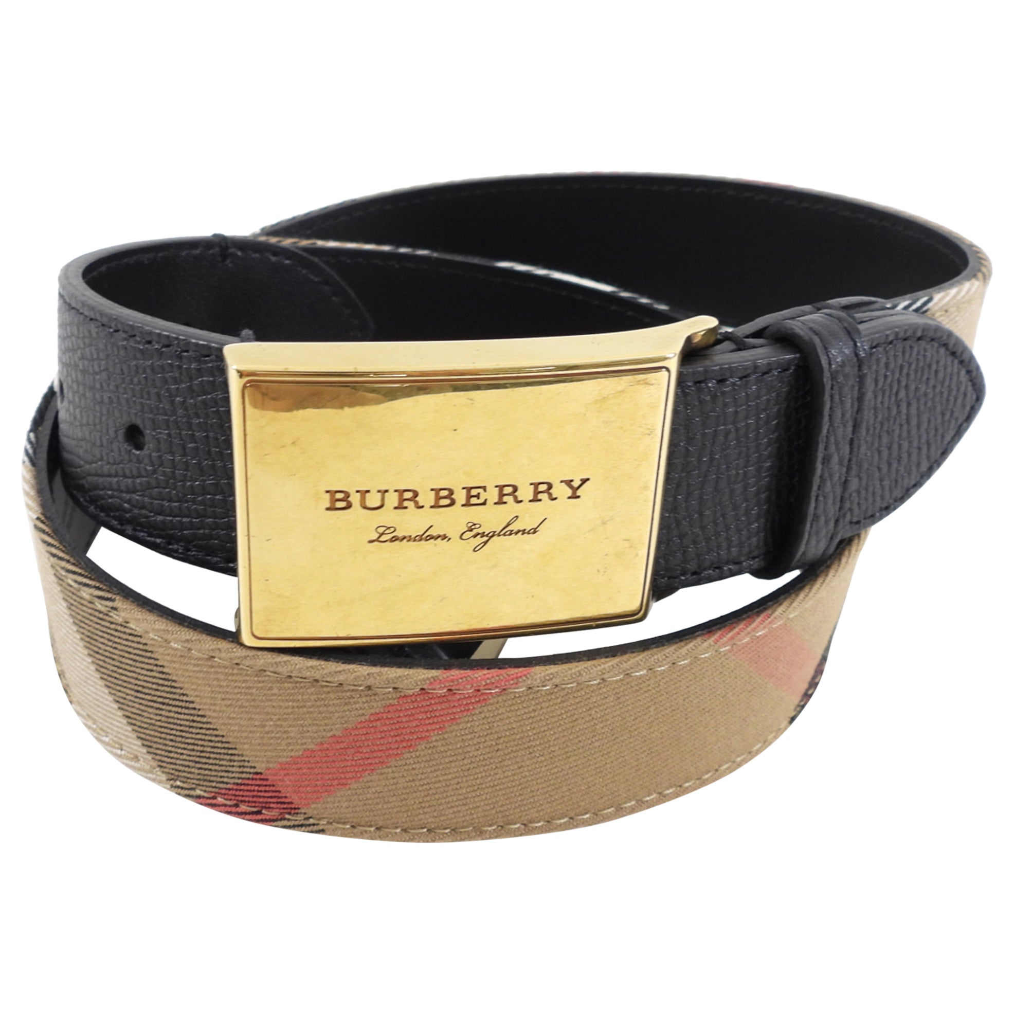 Burberry Brass Buckle Check and Black Leather Belt for Men - 80/32 Size - Classic Luxury Accessory for Business, Casual & Formal Outfits