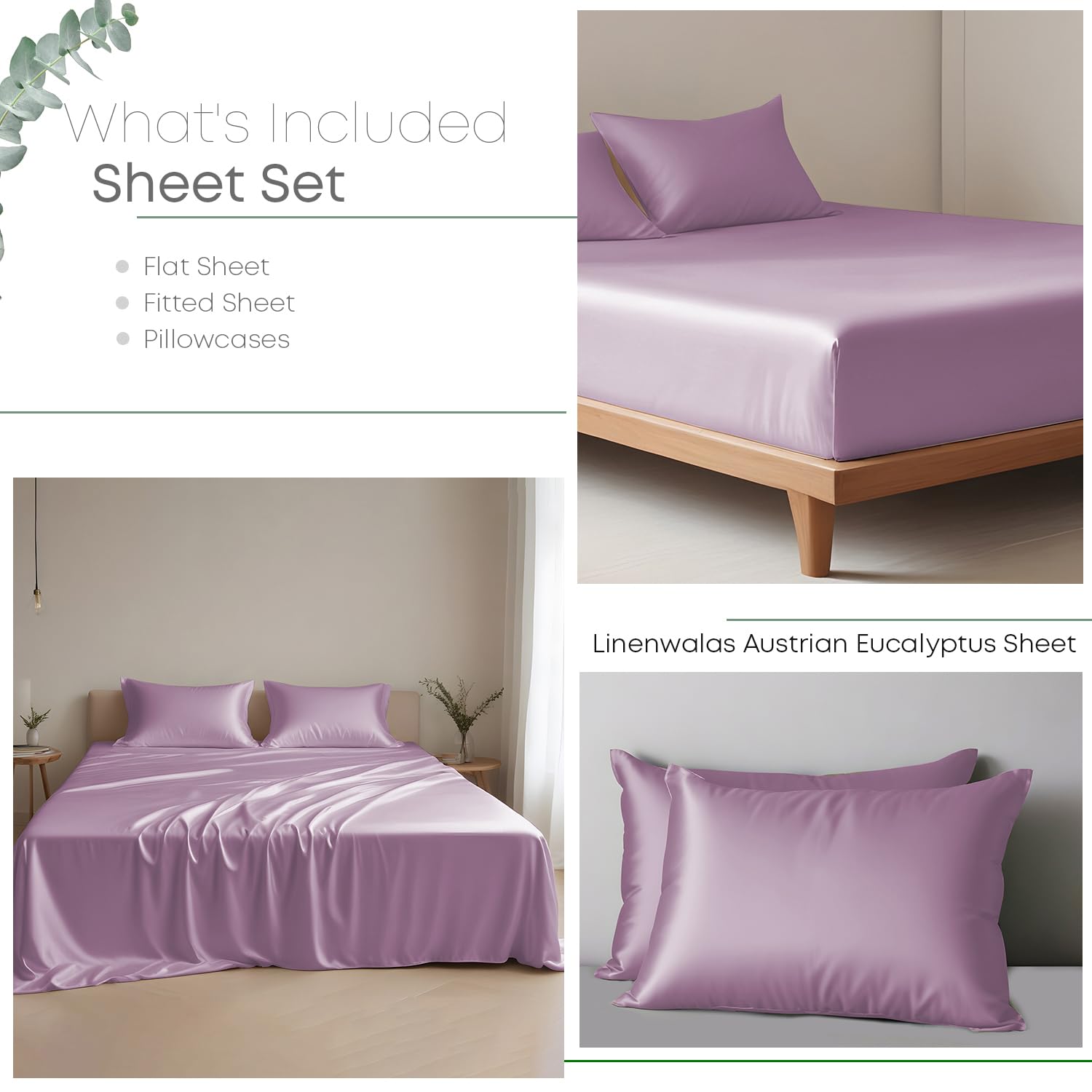 Premium Eucalyptus Tencel Bed Sheet Set Queen Size 4Pc - Soft Breathable Cooling Lilac Lyocell Sheets with 16