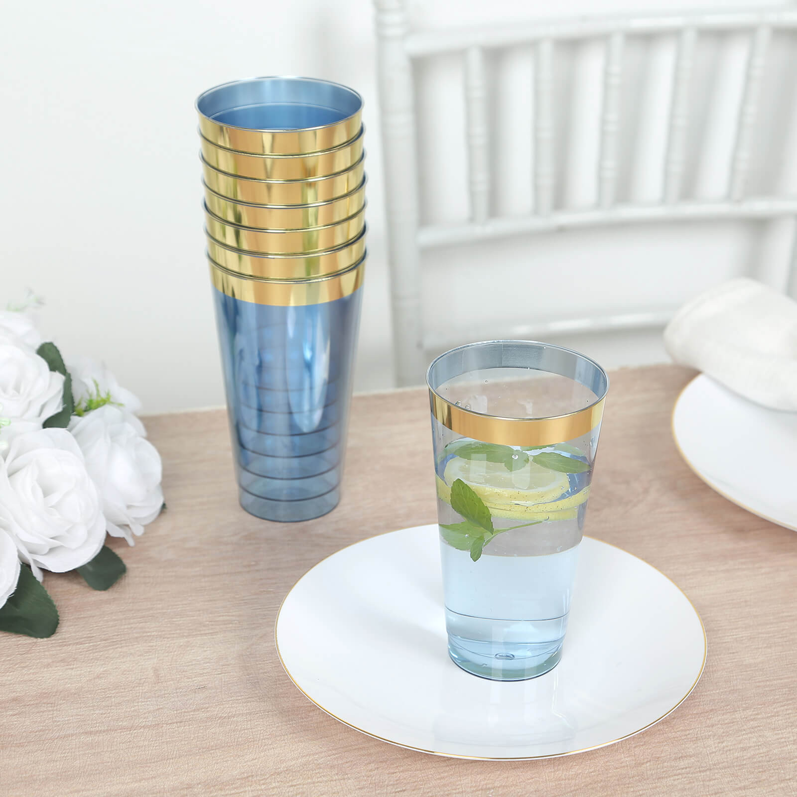 12 Pack 17oz Plastic Party Cups - Transparent Dusty Blue with Gold Rim, Durable Disposable Tumblers for Cocktails, Beer, Soda - Perfect for Weddings, BBQs & Birthday Parties
