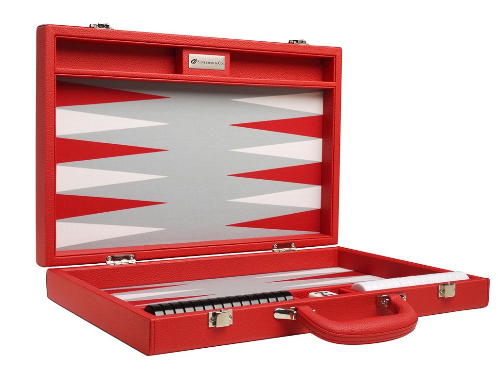Premium 16-inch Backgammon Set with Red Wooden Board, Grey Playing Field & White/Red Points - Classic Board Game for Family Game Nights, Travel & Casino-Style Entertainment