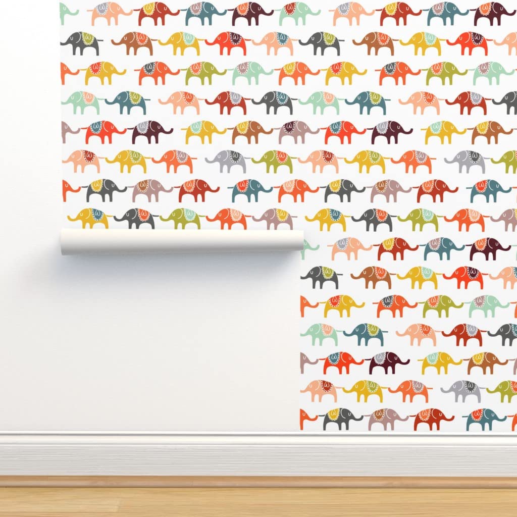 Colorful Elephant Removable Wallpaper Swatch - Pre-Pasted Nursery Wallpaper for Kids Room, Bright Circus Animal Print by Spoonflower | Perfect for Baby Nursery, Playroom & Kids Bedroom Decor