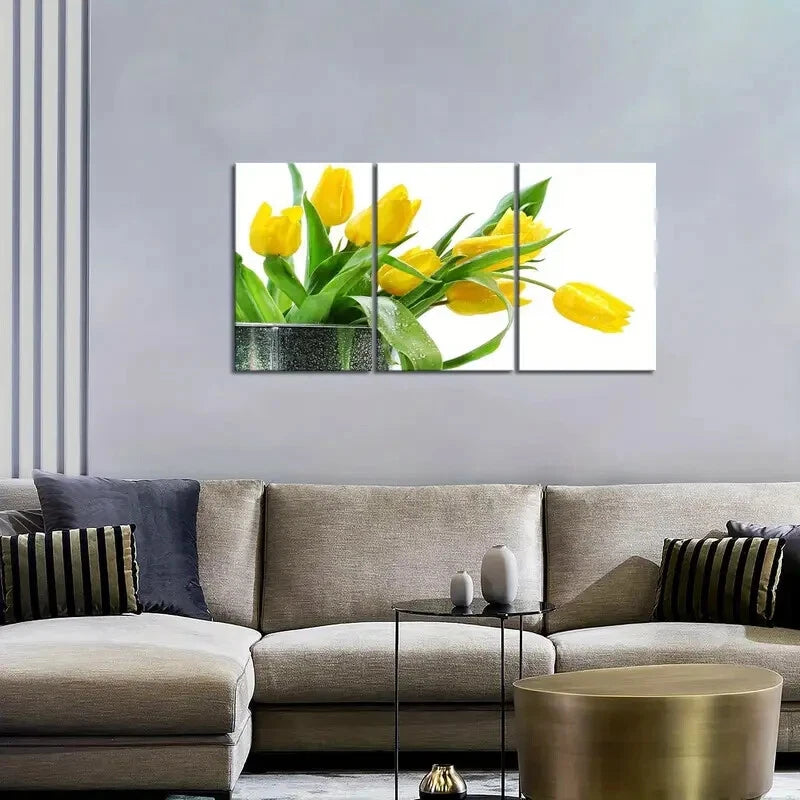 3-Piece Yellow Tulip & Green Foliage Metal Wall Art Prints - Ready to Hang Home Decor for Living Room, Bedroom & Office