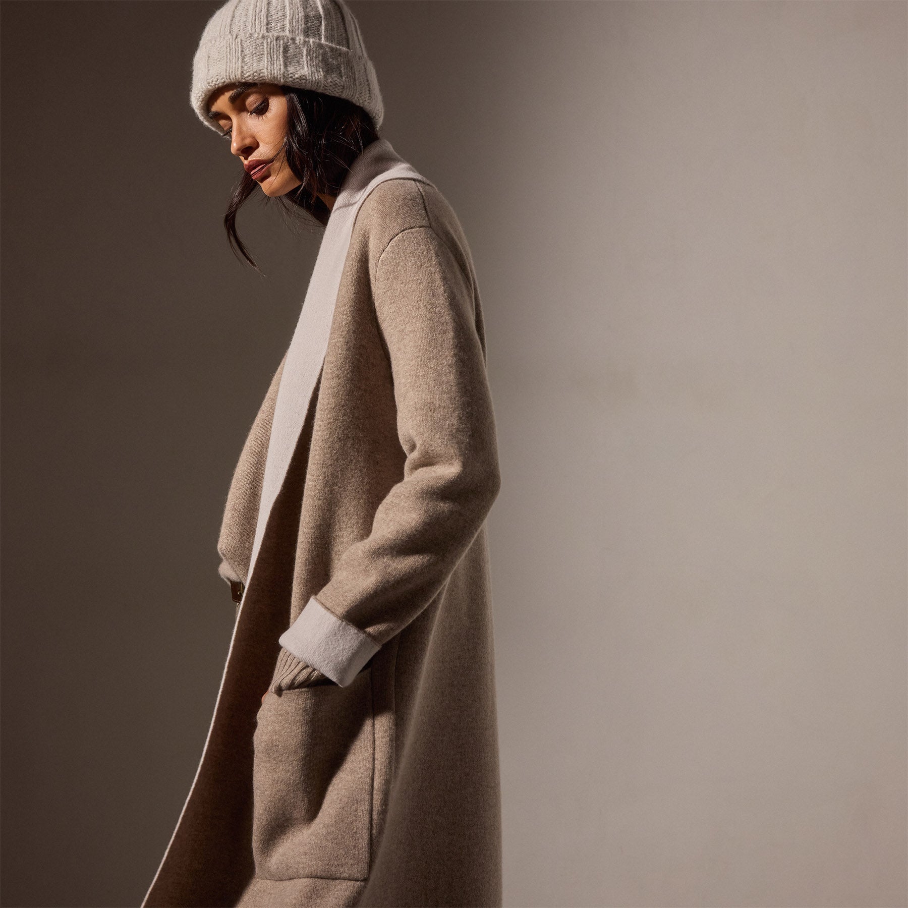 Luxury Cashmere Shawl Collar Coat for Women - Warm Coyote Brown & Pearl White Winter Jacket | Perfect for Office, Date Night & Formal Occasions
