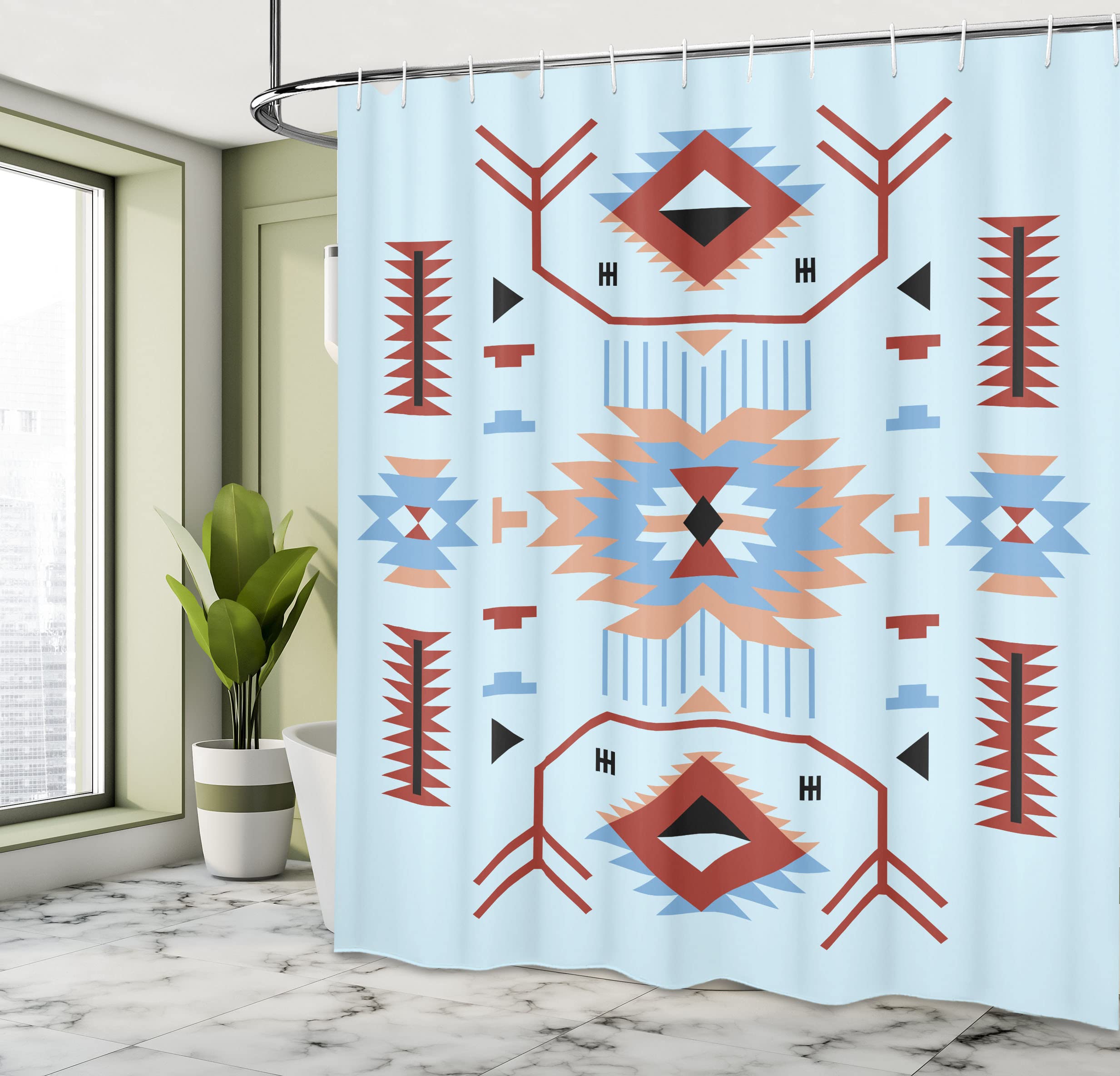 Ambesonne Southwestern Shower Curtain - Ethnic Zigzag Triangle Design Bathroom Decor, 69x70 Inch Pale Blue Fabric Set with Hooks | Perfect for Boho, Western & Southwestern Style Bathrooms
