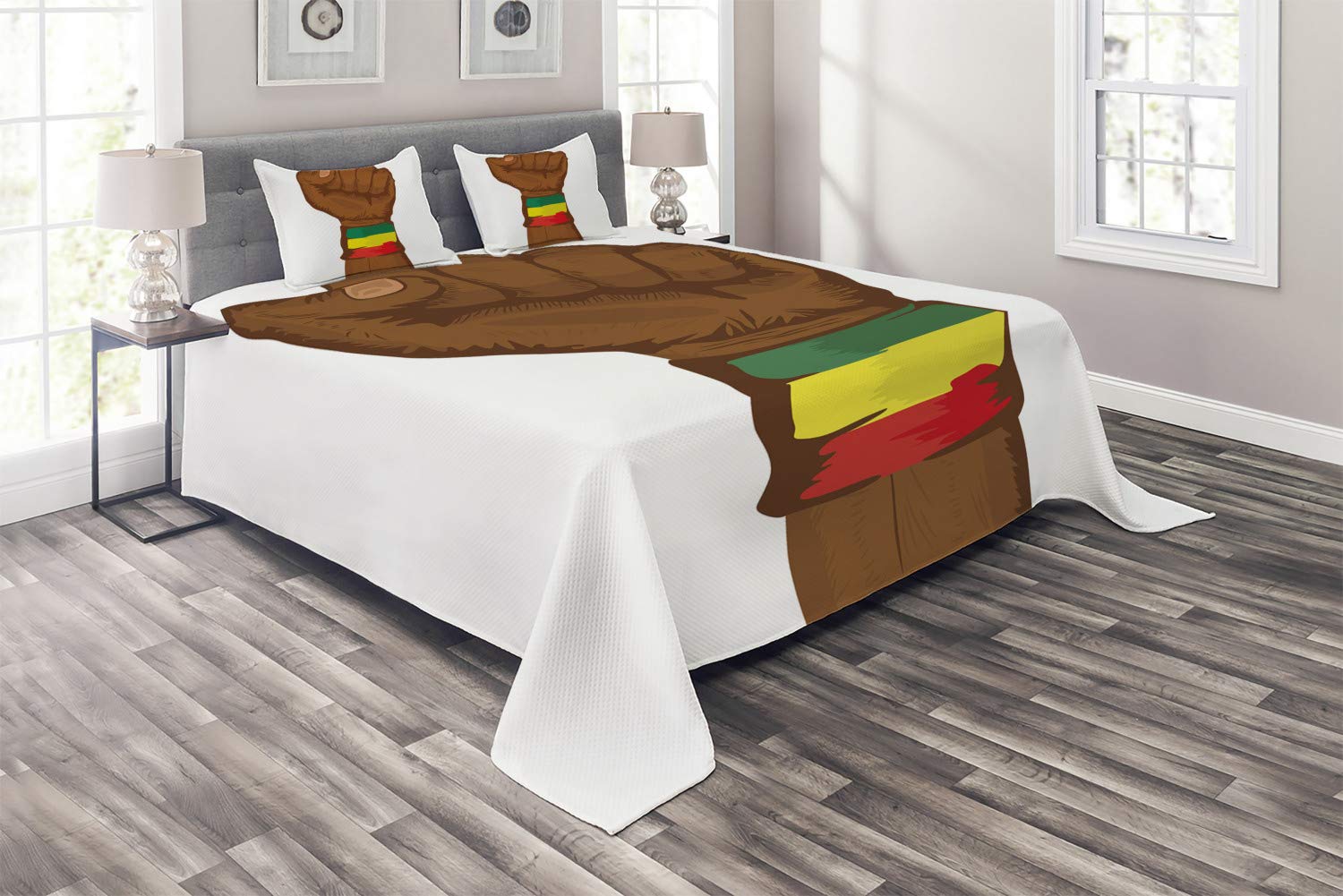 Ambesonne Rasta Coverlet - 3 Piece King Size Quilted Bedspread Set with 2 Pillow Shams | Ethiopian Rebellion Art Print in Yellow & Brown | Bohemian Home Decor for Bedroom & Dorm