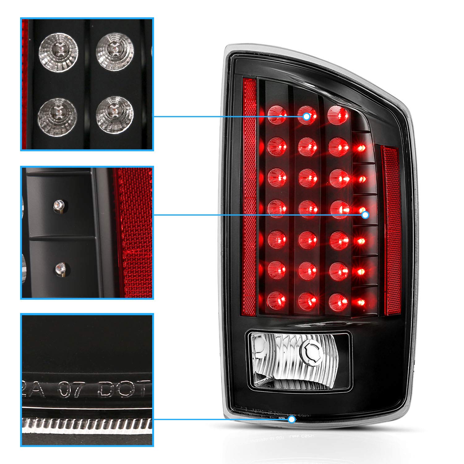 AmeriLite LED Tail Lights for 2007-2008 Dodge Ram 1500 & 2007-2009 Ram 2500/3500 Pickup Truck - Black Replacement Light Set (Pair) - Left & Right Side - Enhance Night Visibility & Safety