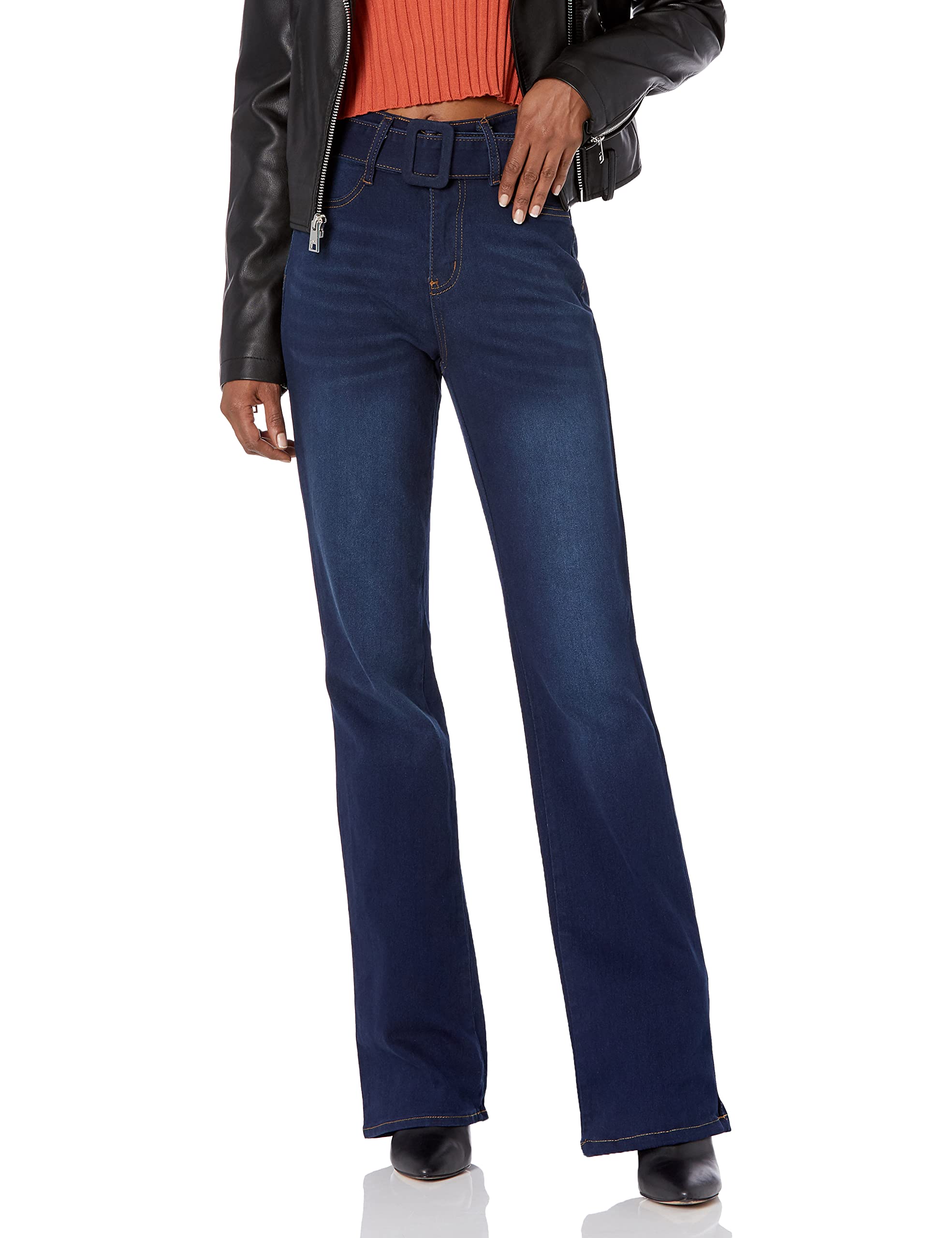 Women's Mini Flare Jeans with Self Belt - High Waisted Stretch Denim Pants for Casual & Retro Style | Perfect for Everyday Wear, Date Nights & 90s Fashion Looks