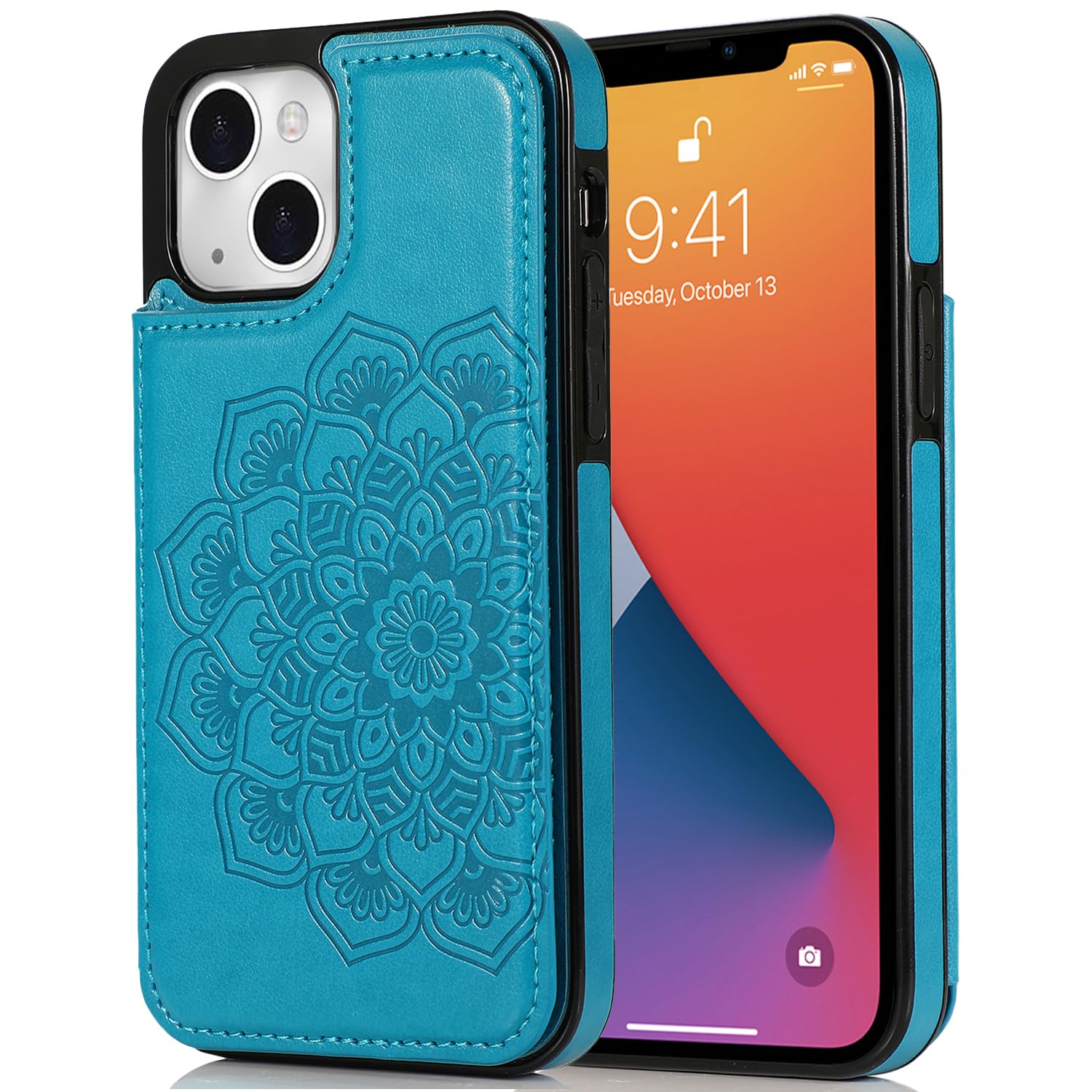 Premium PU Leather Wallet Case for iPhone 13 with Card Holder & Kickstand - Floral Embossed Design, Shockproof Protective Cover (Blue) - Perfect for Everyday Use, Travel & Hands-Free Viewing