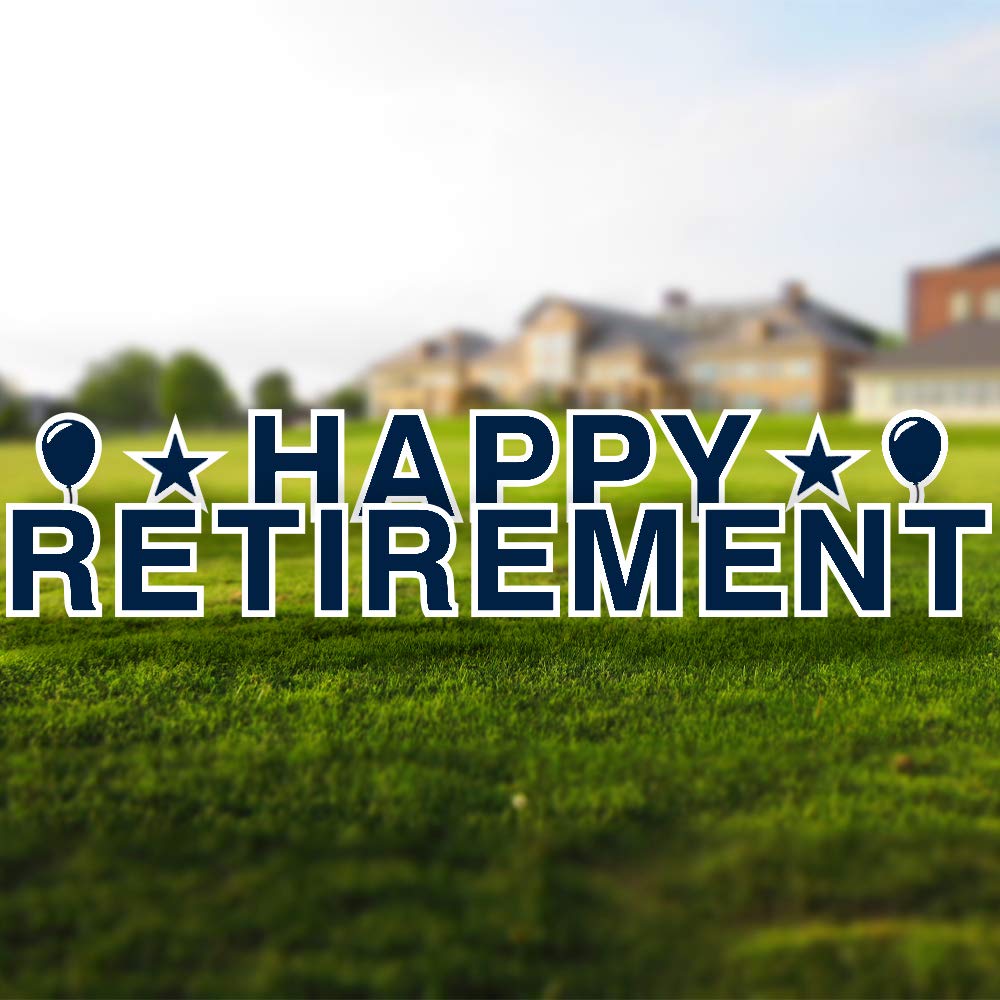 Happy Retirement Yard Sign - 18in Tall with Stakes & Emojis - Durable Corrugated Plastic - Navy Blue Retirement Party Decoration - Perfect for Outdoor Celebrations, Backyard Parties & Retirement Gifts