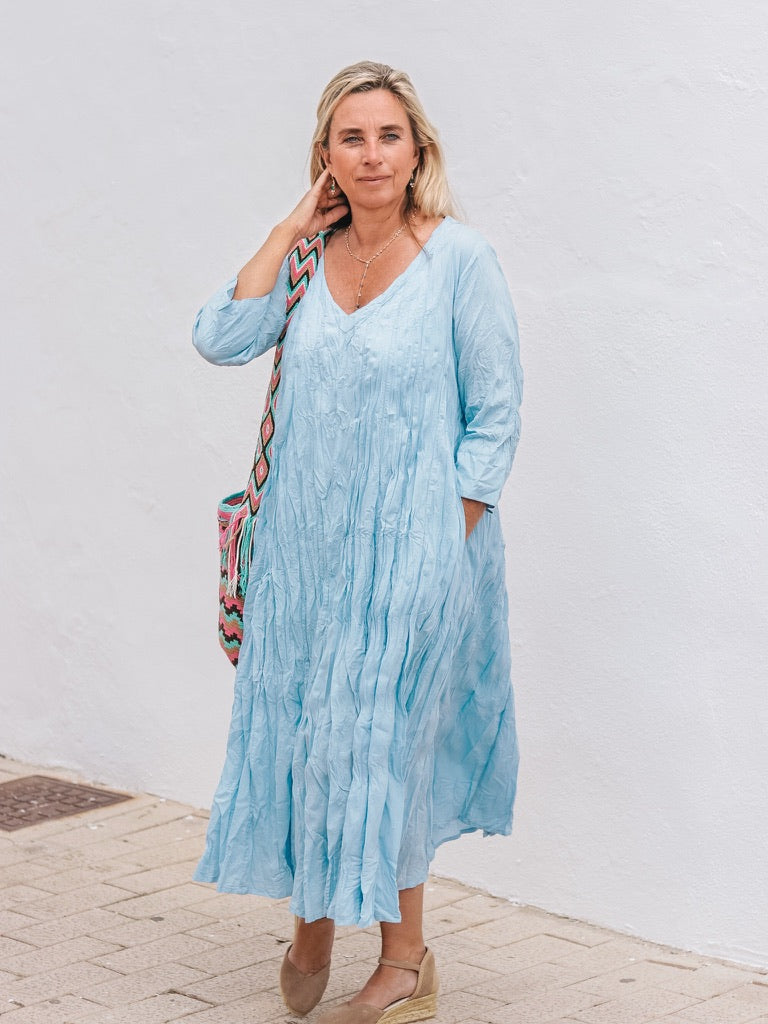 Ibeka Women's Light Blue Cotton Maxi Dress - Flowy Summer Beach Dress for Casual Outings & Vacations