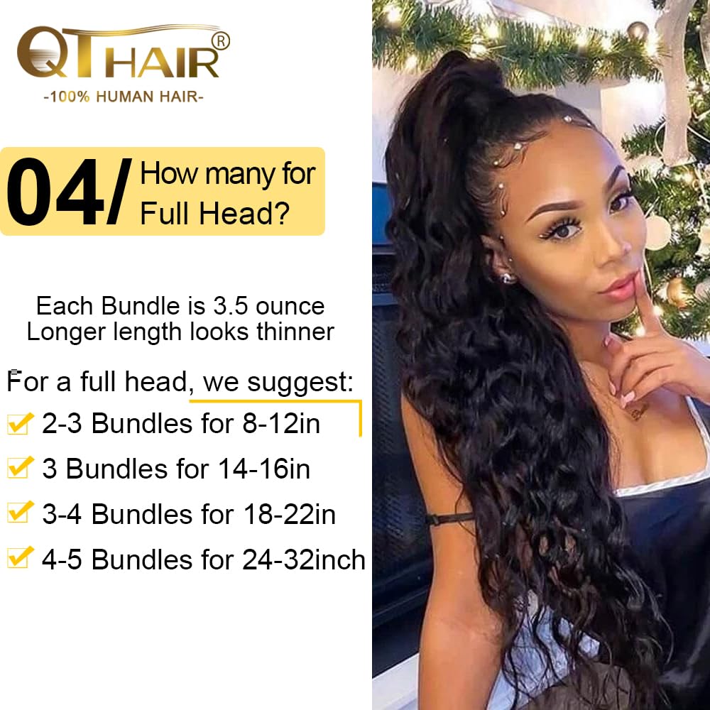 QTHAIR 100% Peruvian Virgin Human Hair Bundles - 16 18 20 22 Inch Deep Wave Loose Curly Hair Extensions - 14A Grade Natural Black Color for Black Women - Perfect for Daily Wear, Styling & Protective Hairstyles