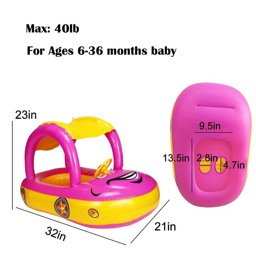 Inflatable Baby Pool Float with Canopy & Steering Wheel - Sunshade Swim Ring Car Toy for Toddlers 1-3 Years | Summer Water Play, Beach Vacation, Backyard Swimming Fun