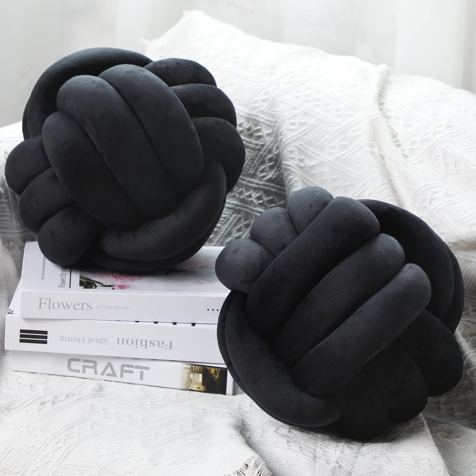 Namalu 2-Pack Plush Stress Relief Knot Pillows - 10.6 Inch Round Decorative Throw Pillows for Sofa, Bed & Home Decor (Black) | Anxiety Relief & Cozy Living Room Accents