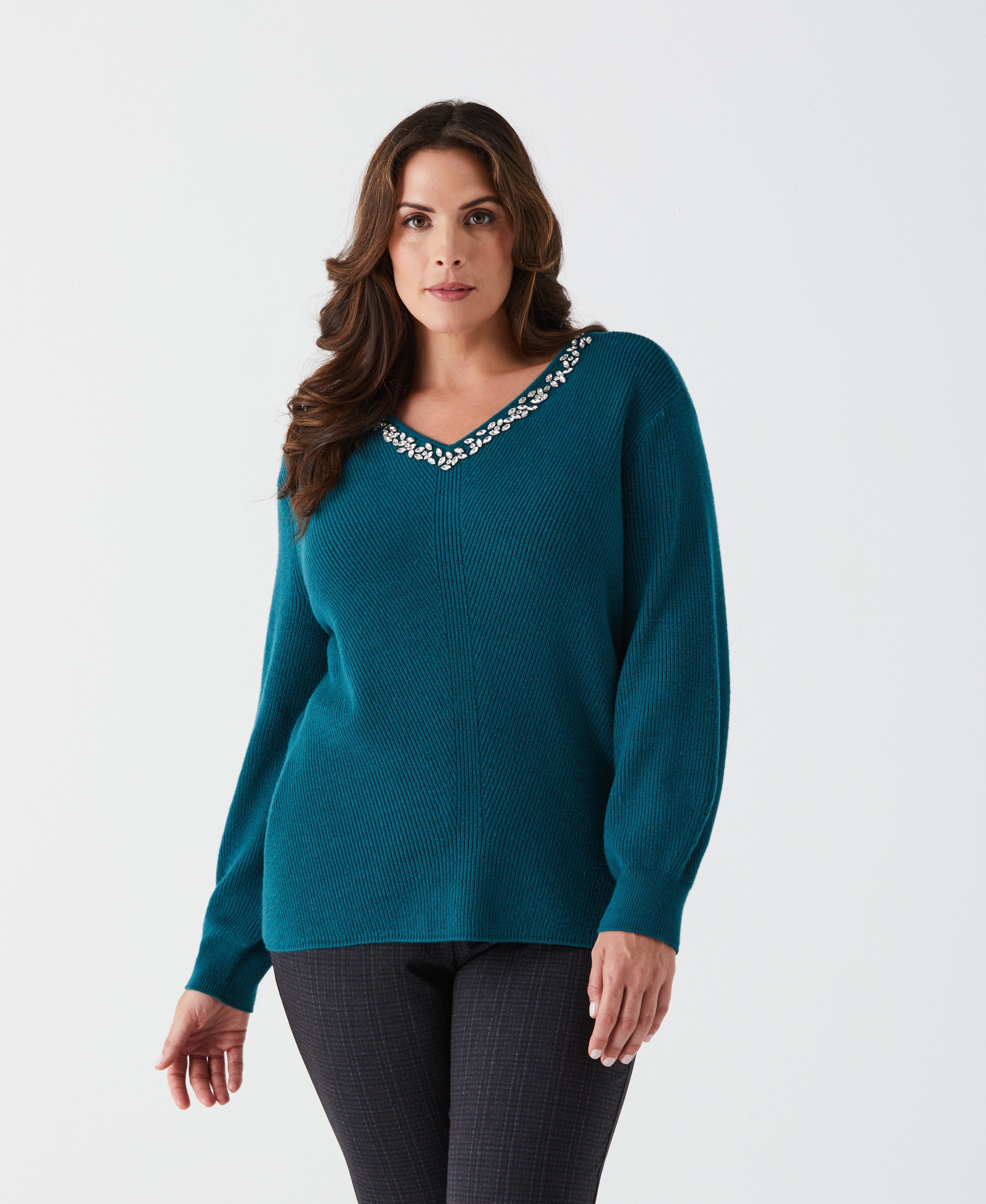 Plus Size Embellished V-Neck Sweater for Women - Elegant Knit Pullover with Beaded Details - Perfect for Office Wear, Date Nights & Holiday Parties