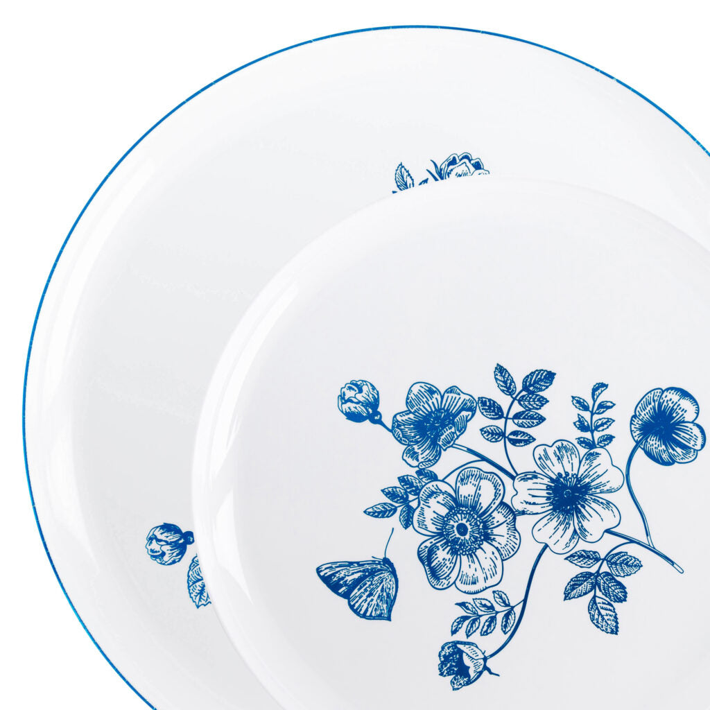 20-Piece White and Blue Round Plastic Dinnerware Set for 10 Guests - Elegant French Toile Design - Perfect for Outdoor Picnics, BBQs, and Party Gatherings